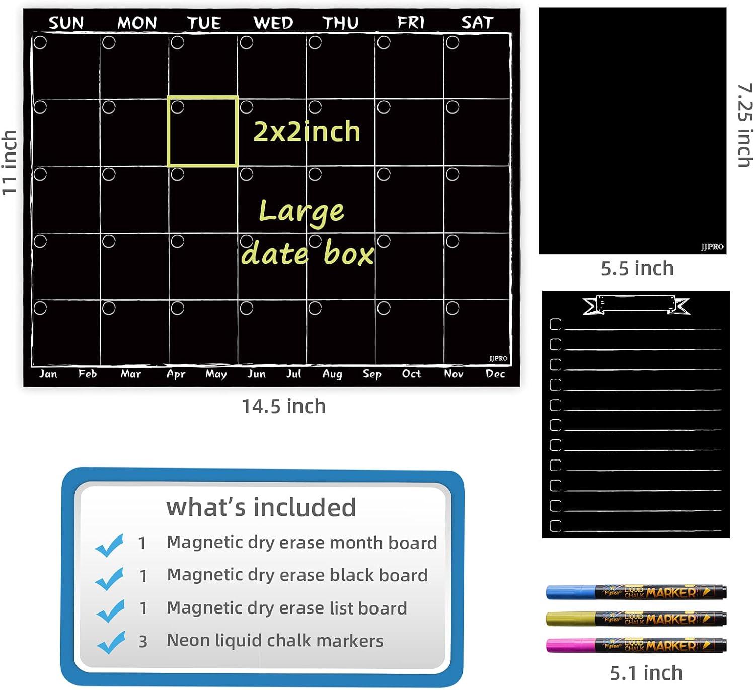 JJPRO Magnetic Chalkboard Monthly Calendar Neon Bright Liquid Chalk Markers with Bonus - Grocery List and Notepad Black