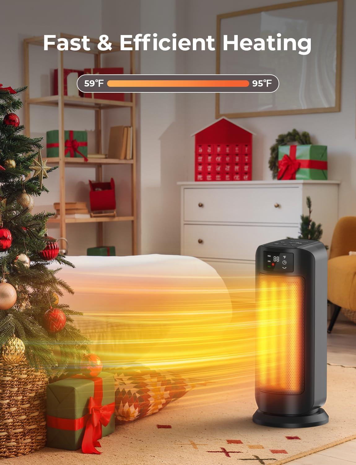 1500W Space Heaters for Indoor Use, PTC Ceramic Electric Heater Fast Heating with Remote, ECO, 59-95°F Digital Thermostat, Child Lock, 24H Timer, Oscillating Portable Electric Heater for Large Room