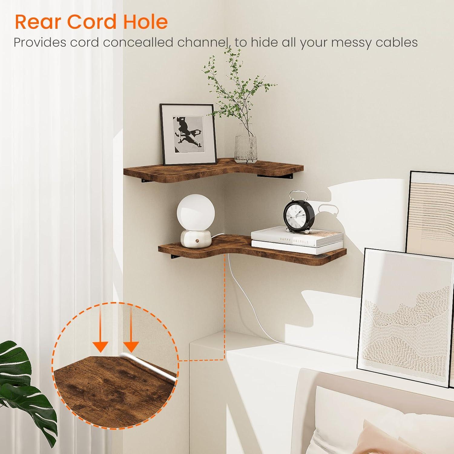 Homode Corner Floating Shelves, Corner Shelves Wall Mounted with Cord Hole, Set of 3 L Shape Wood Wall Storage Shelves for Living Room Bedroom Bathroom Kitchen, Rustic Brown