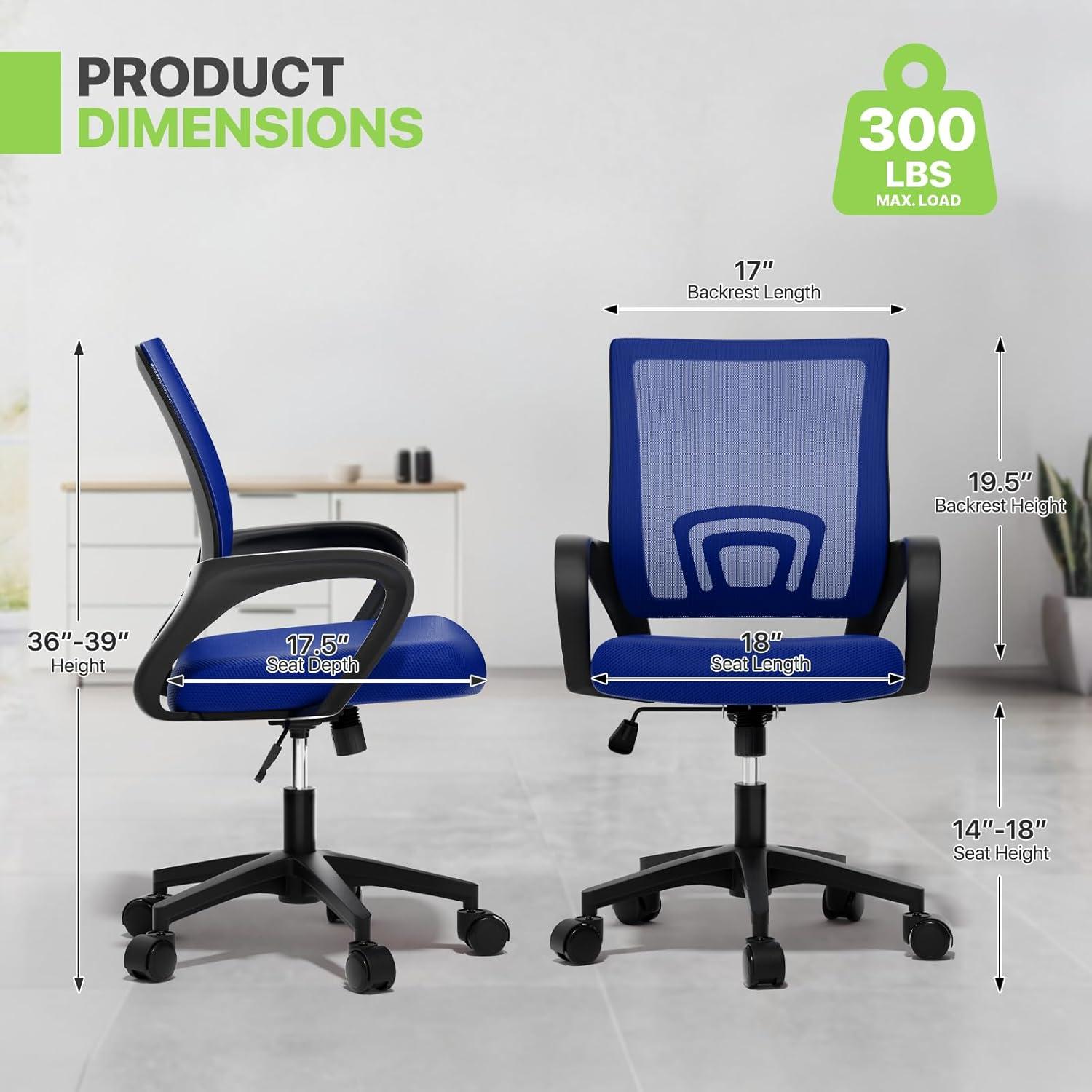Magshion Set of 2 Office Chairs Mid Back Swivel Desk Chairs, Height Adjustable Ergonomic Mesh Computer Chairs with Armrest & Lumbar Support, Navy Blue
