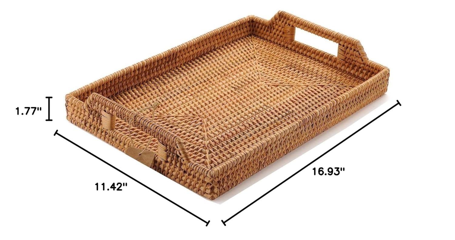 Hand-Woven Rattan Serving Tray with Handles for Breakfast, Drinks, Snack for Dining/Coffee Table (17 inch (43 cm), Rectangular)