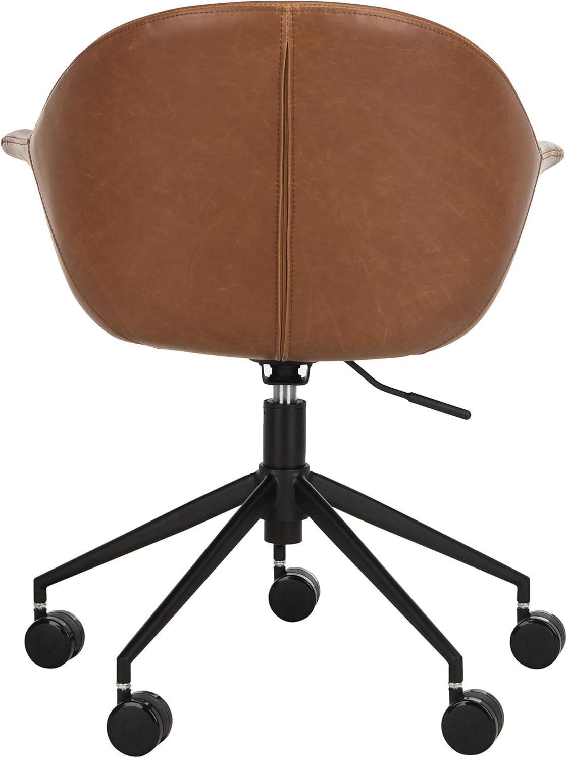 Transitional Ember Swivel Task Chair in Light Brown Leather and Black Wood