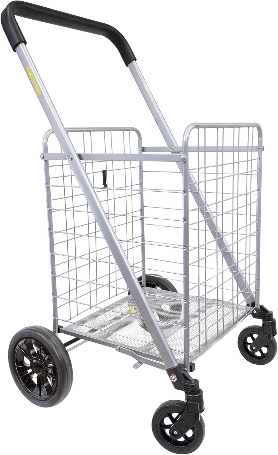 Silver Metal Rolling Folding Utility Cart with Ergonomic Handle