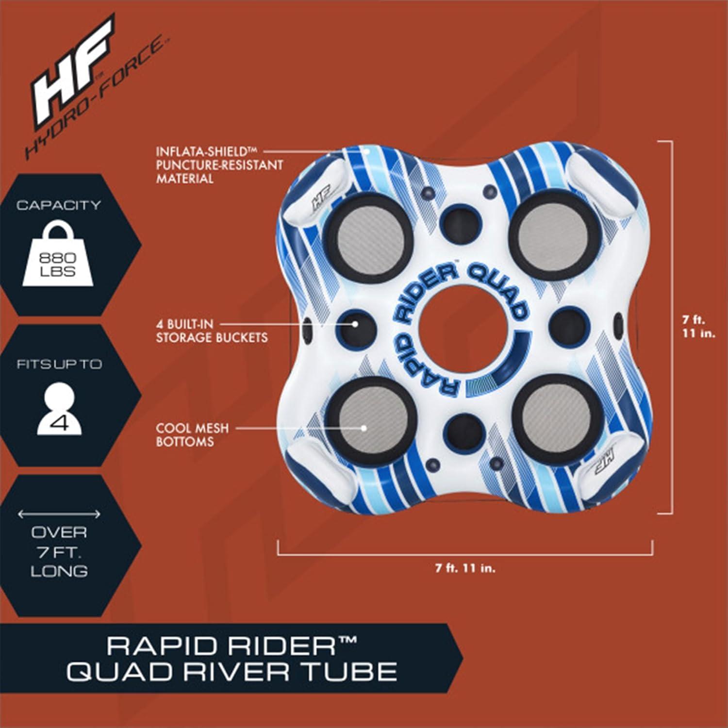 Hydro-Force Rapid Durable Rider Quad 4 Person River Tube with Built In Coolers, Cup Holders and Heavy Duty Handles, Multicolor