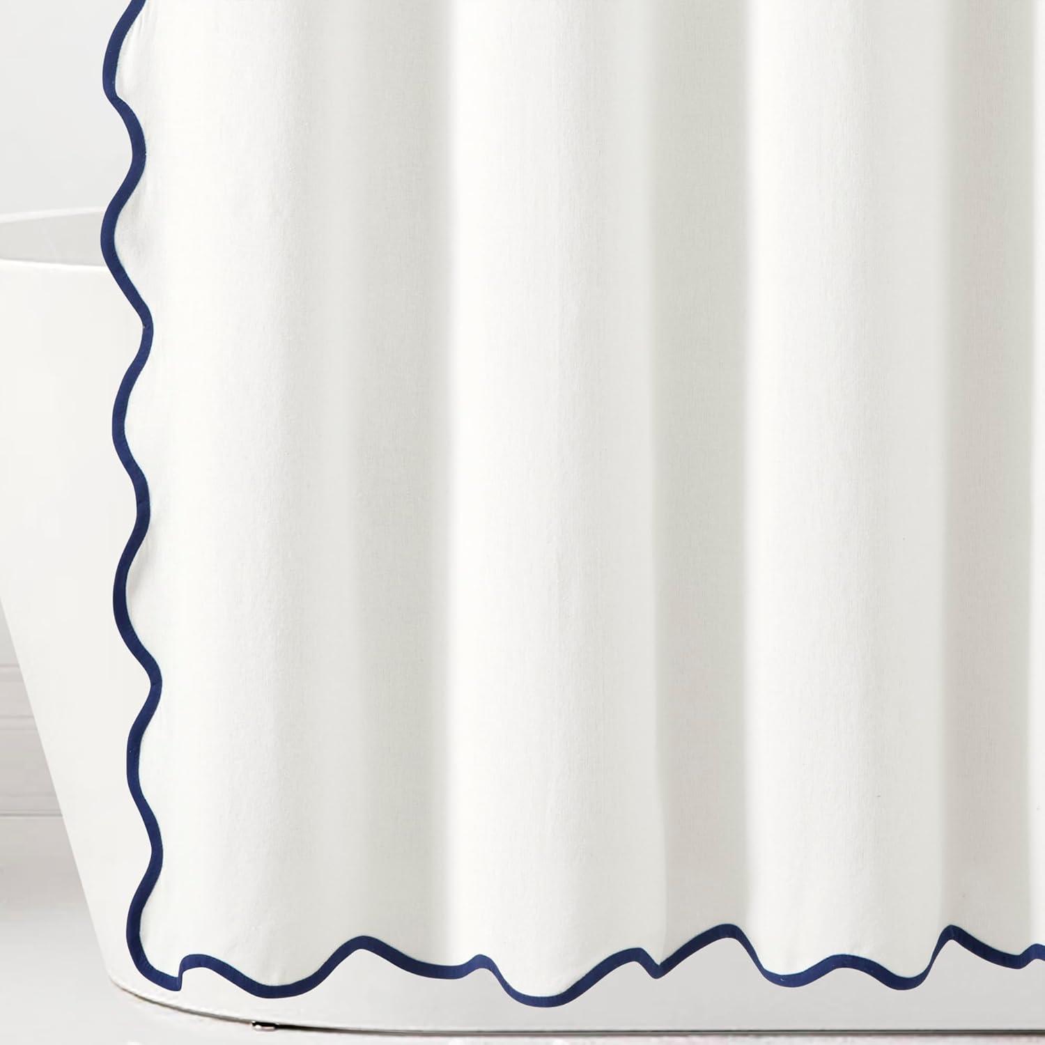 Boho Chic Aesthetic Scallop Edge Shower Curtain, Decorative Coastal Bathroom Curtain for Home Decor, 72 x 72 White and Navy Elegant Minimalist Textured Cloth Bath Curtain (LQ-36)