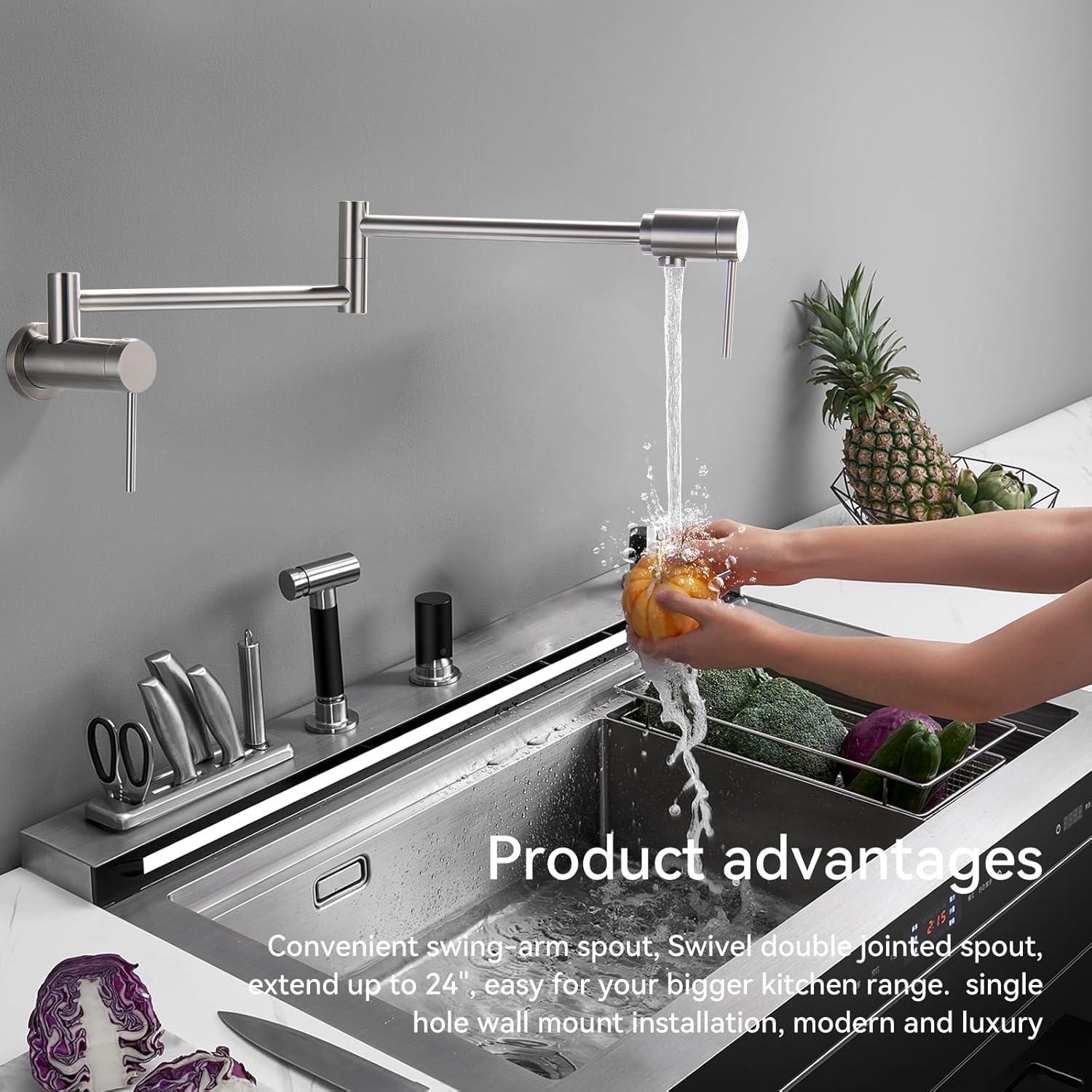 Pot Filler Faucet Brass, Single Hole Single Handle Wall Mount Folding Stretchable Double Joint Swing Arms, Single Cold Water,Brushed Nickel