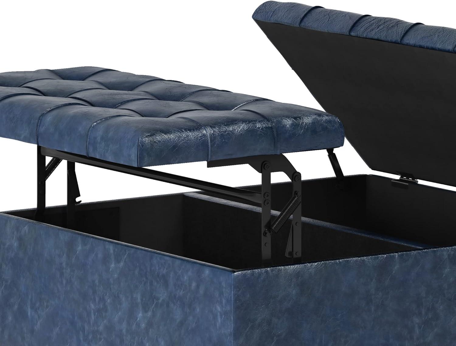 Simpli Home Harrison 36"W Upholstered Square Coffee Table Storage Ottoman with Split Lift Top