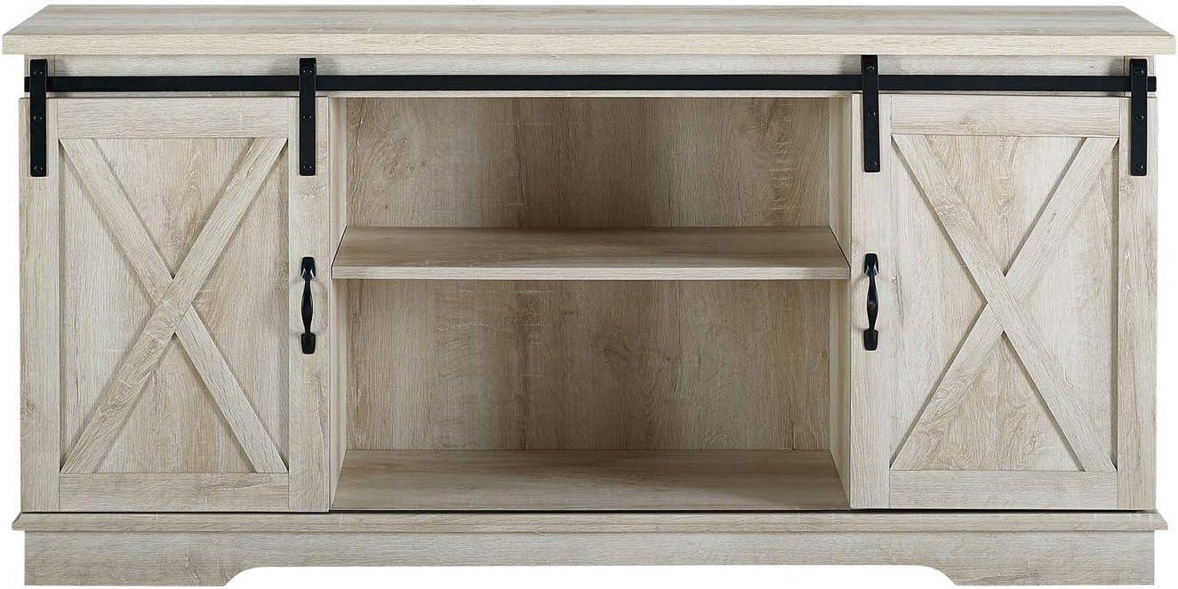 58" Modern Farmhouse Wood TV Stand with Sliding Barn Doors - Solid White Oak