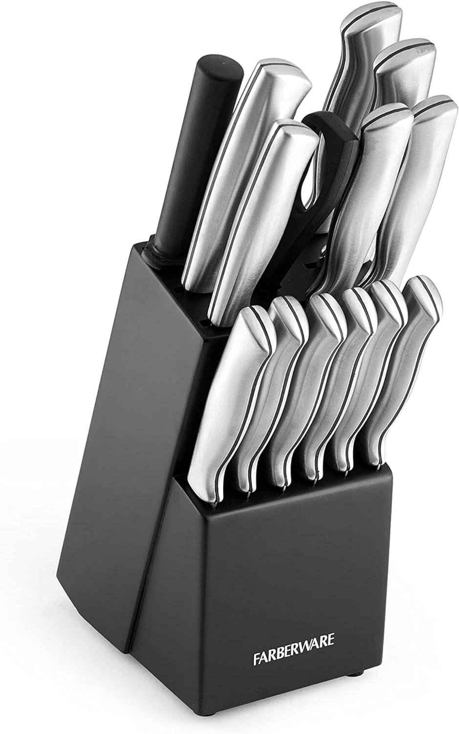 Farberware 15-Piece Stainless Steel Knife Block Set with Black Wood Block