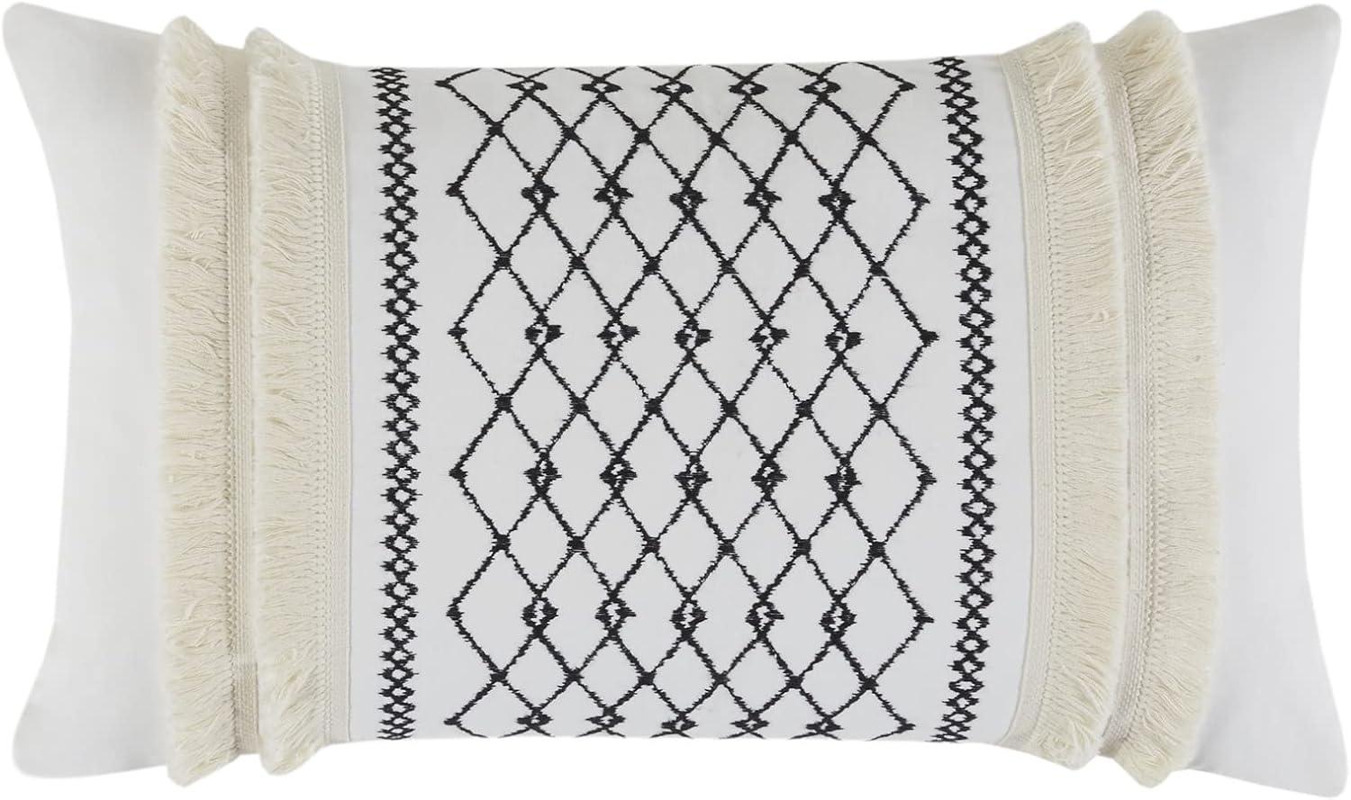 Ivory Embroidered Cotton Lumbar Pillow with Tassels