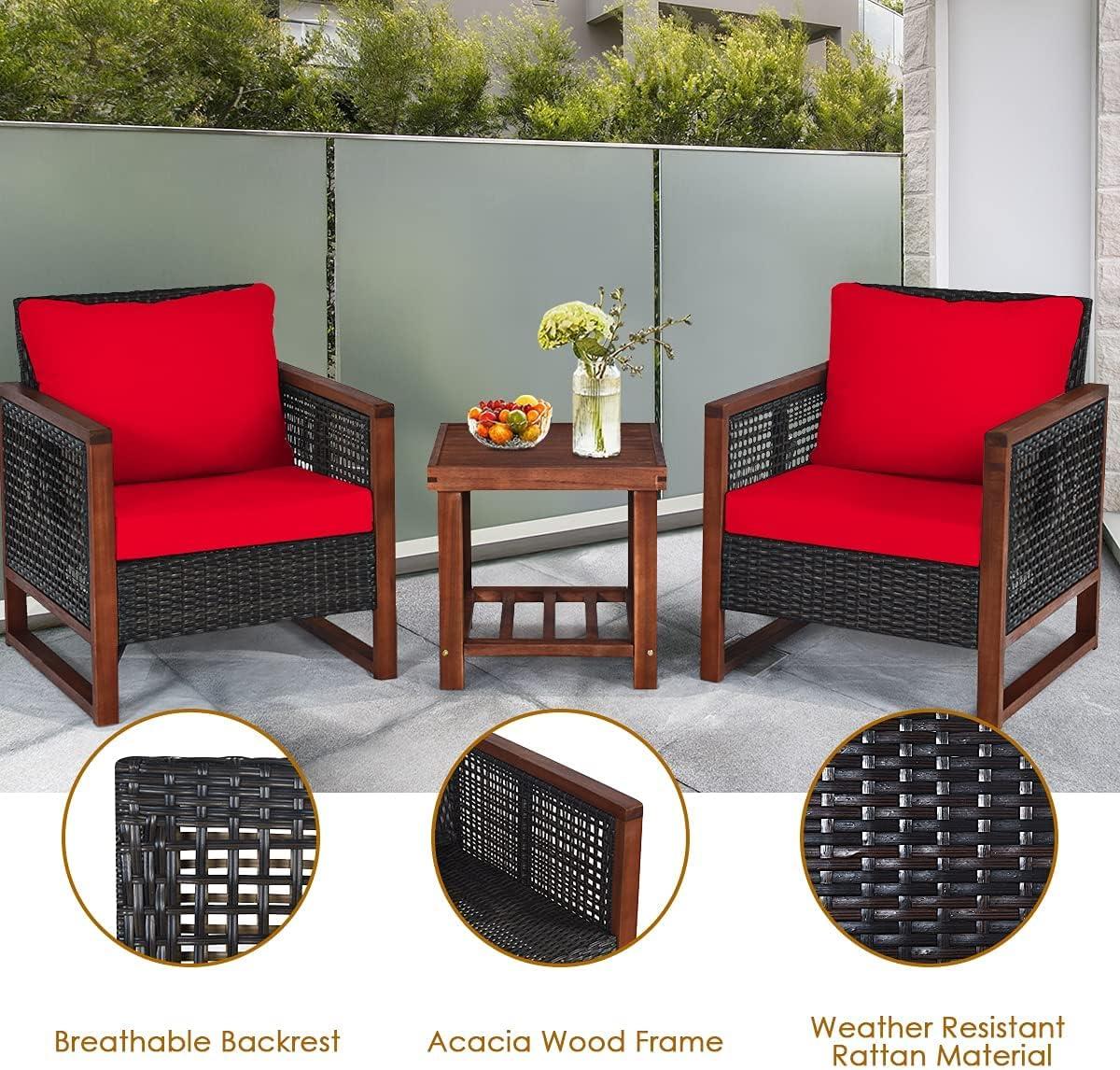 Costway 3PCS Patio Wicker Furniture Set Solid Wood Frame Cushion Sofa w/ Square Table Shelf Red