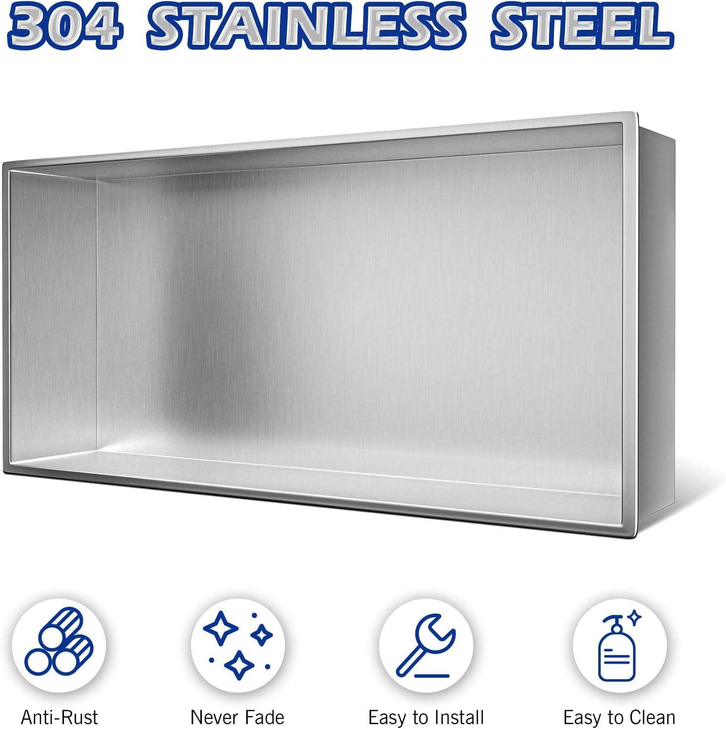 Stainless Steel Shower Niche 24" X 12" Brushed No Tile Needed Niche Shower Recessed Wall Horizontal Niches for Bathroom Storage Over Mount Installation