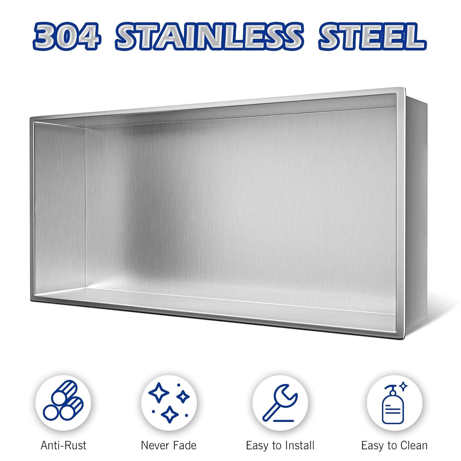 Stainless Steel Shower Niche 24" X 12" Brushed No Tile Needed Niche Shower Recessed Wall Horizontal Niches for Bathroom Storage Over Mount Installation