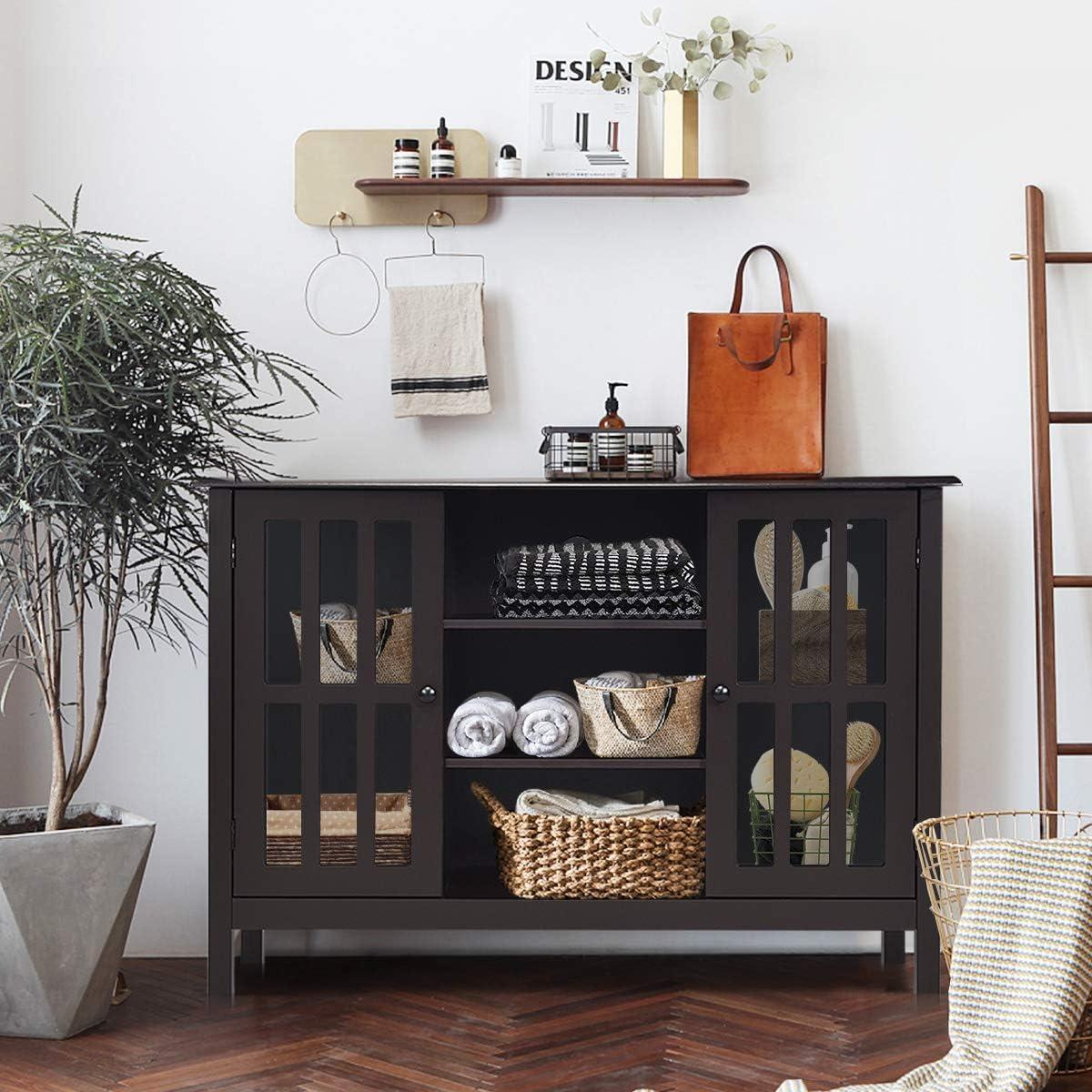 Elegant Tall Brown TV Console with Cabinet Storage and Shelves