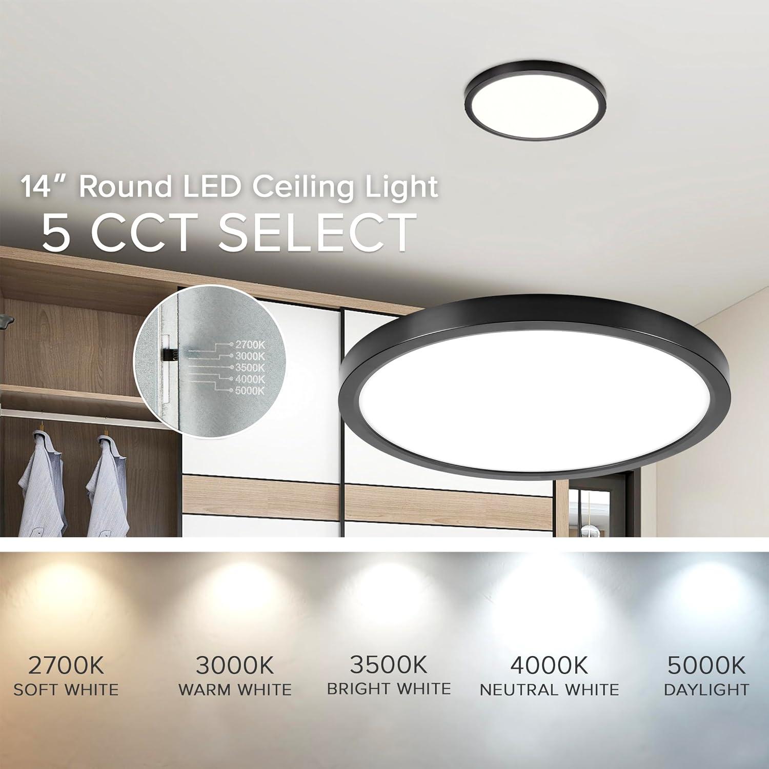 Maxxima 14 in. LED Flush Mount Ceiling Light, 5 CCT 2700K-5000K, 2400 Lumens, Traditional Indoor Black Trim Round Panel Light, Dimmable