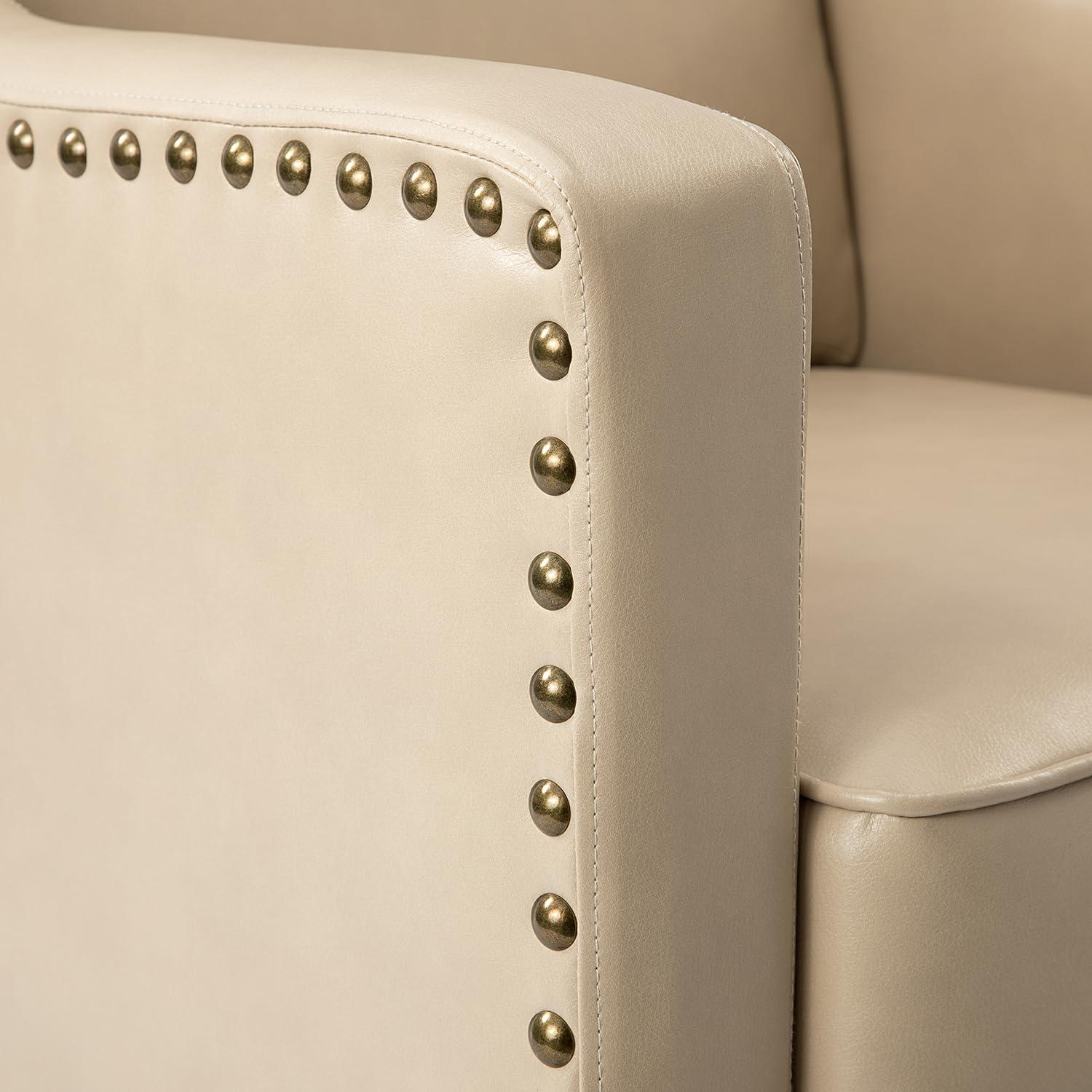 HULALA HOME Faux Leather Accent Armchairs Set of 2 with Back & Seat Cushions, Traditional Club Chairs with Nailhead Trim, Comfy Upholstered Sofa Chairs for Living Room Bedroom, Beige