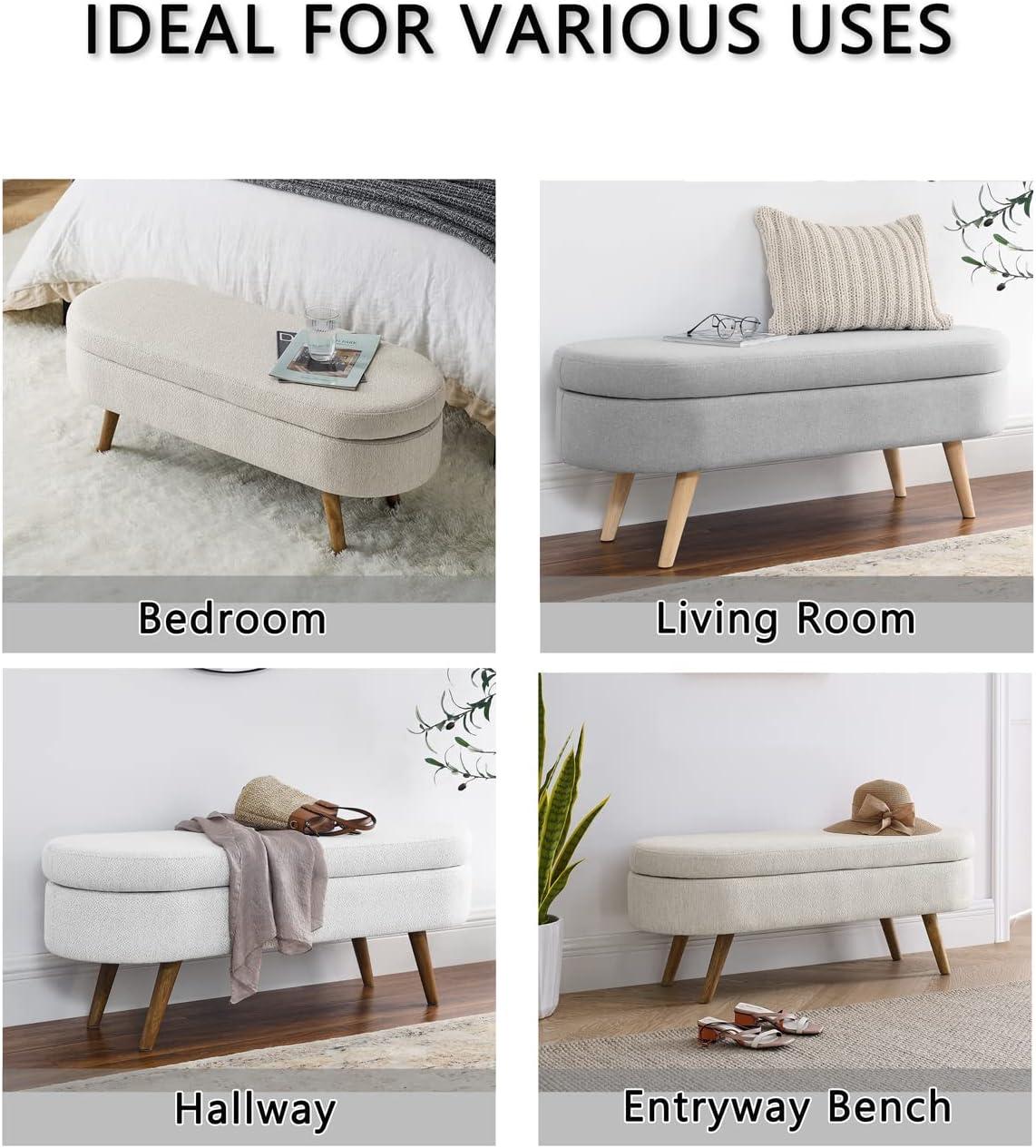 Sumdeal 43.5" Storage Ottoman Bench with 250lb Seating, Linen Upholstered Wood Legs Safety Hinge Flip Top Oval Foot Rest Long Stool for Sofa Couch Bedroom End of Bed Living Room Entryway, Grey