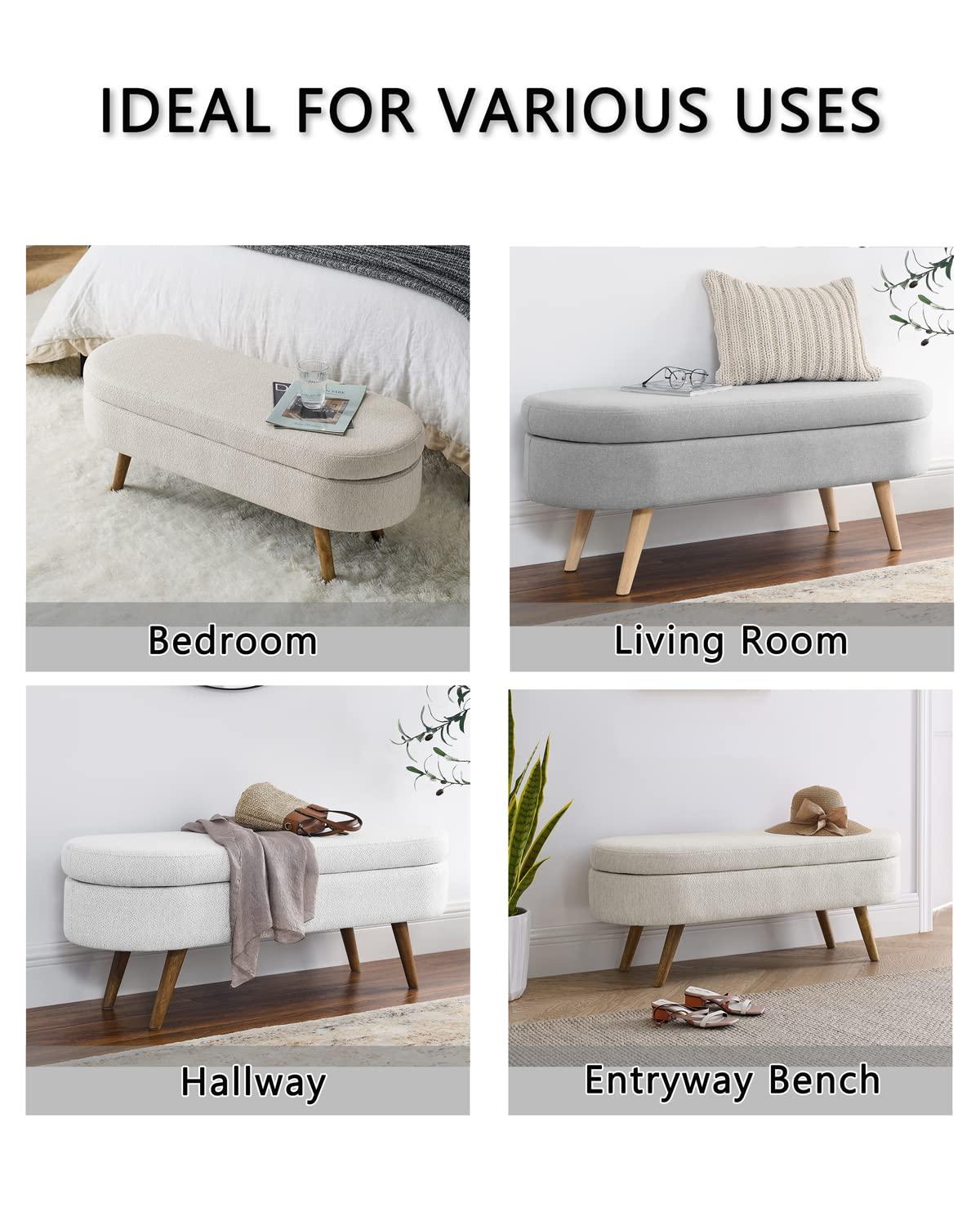 Sumdeal 43.5" Storage Ottoman Bench with 250lb Seating, Linen Upholstered Wood Legs Safety Hinge Flip Top Oval Foot Rest Long Stool for Sofa Couch Bedroom End of Bed Living Room Entryway, Grey