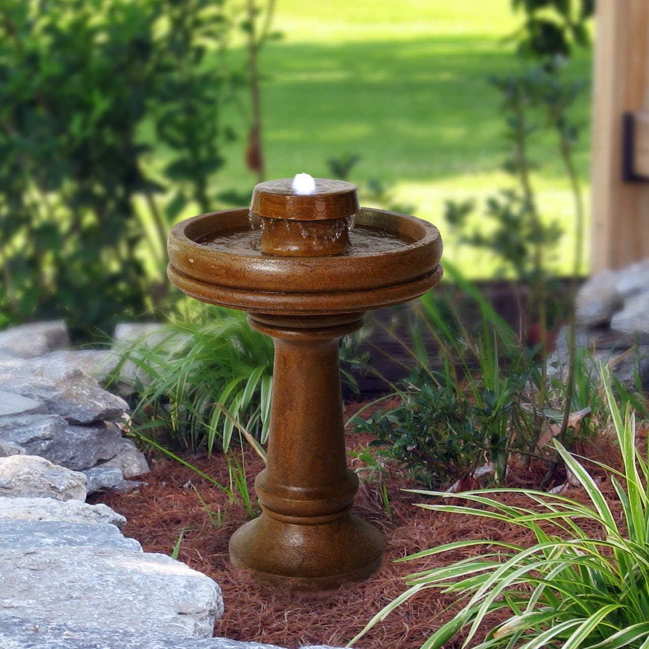 29" Resin Outdoor 2-Tier Traditional Birdbath Water Fountain with LED Lights Brown - Alpine Corporation