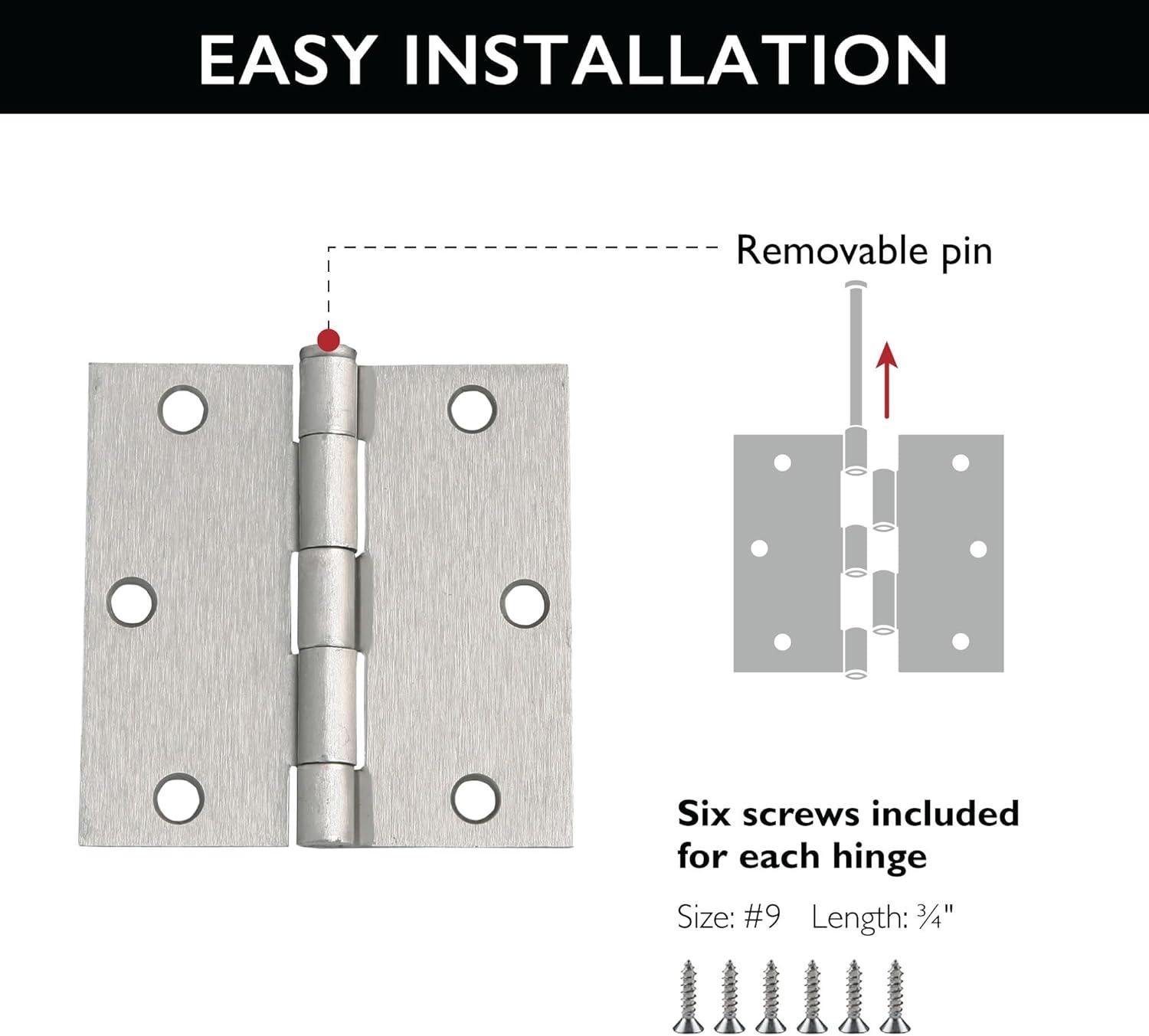 Brushed Nickel 3.5 Inch Square Corner Door Hinges - 3 Pack