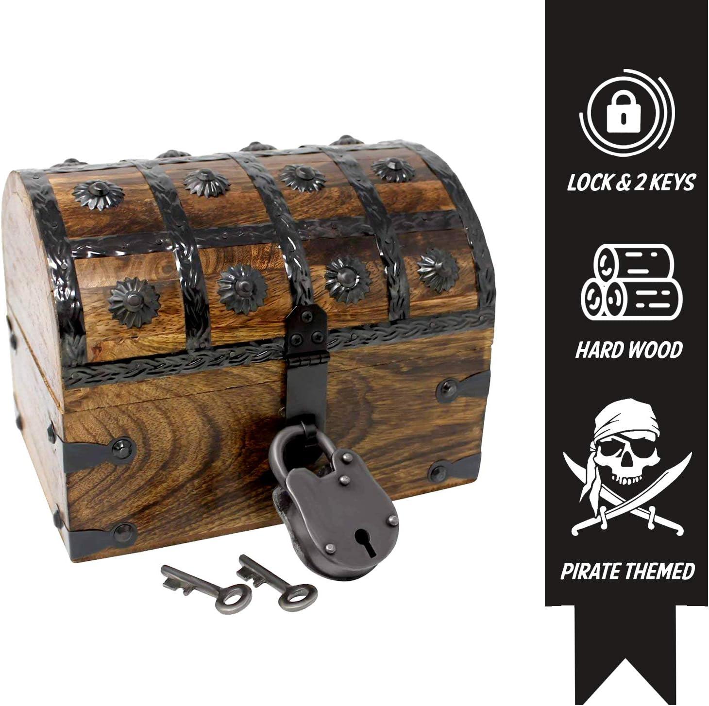 Nautical Cove Wooden Treasure Chest with Padded Velvet Lining and Antique Lock with Skeleton Keys (Small 8x6x6) – Luxury Wood Pirate Chest, Wooden Keepsake Box, Decorative Box with Lid