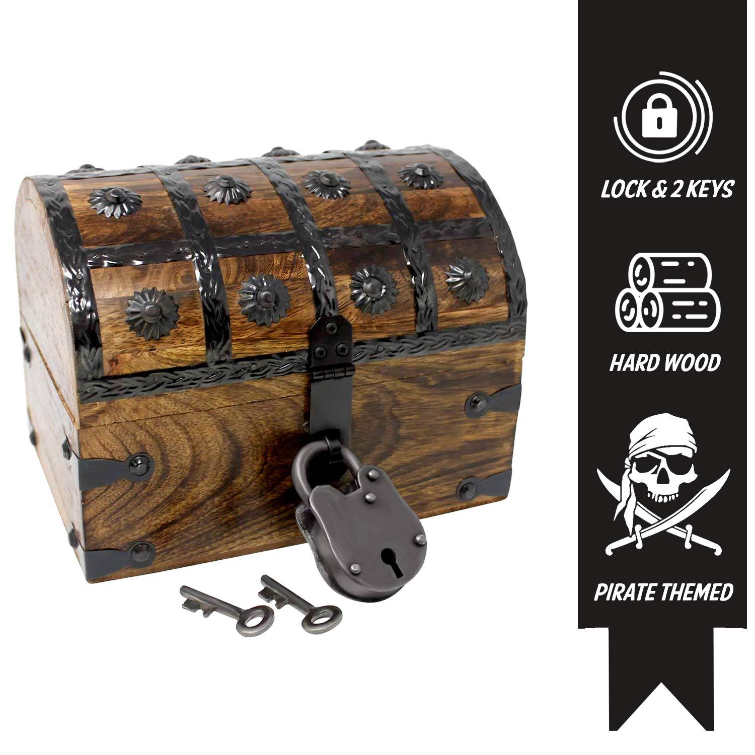 Nautical Cove Wooden Treasure Chest with Padded Velvet Lining and Antique Lock with Skeleton Keys (Small 8x6x6) – Luxury Wood Pirate Chest, Wooden Keepsake Box, Decorative Box with Lid