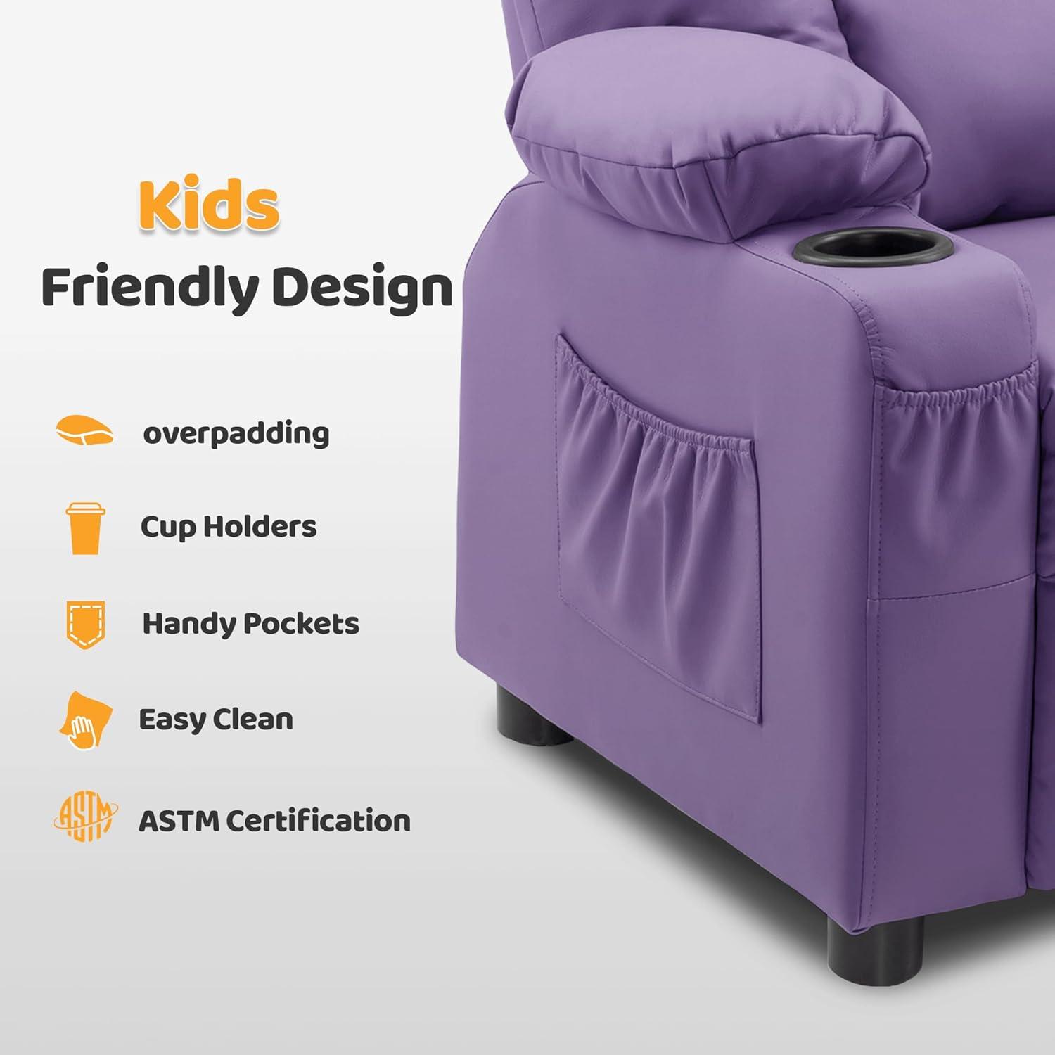 MCombo Big Kids Recliner Chair with Cup Holders for Toddler Boys and Girls, 2 Side Pockets, 3+ Age Group, Faux Leather 7322 Violet