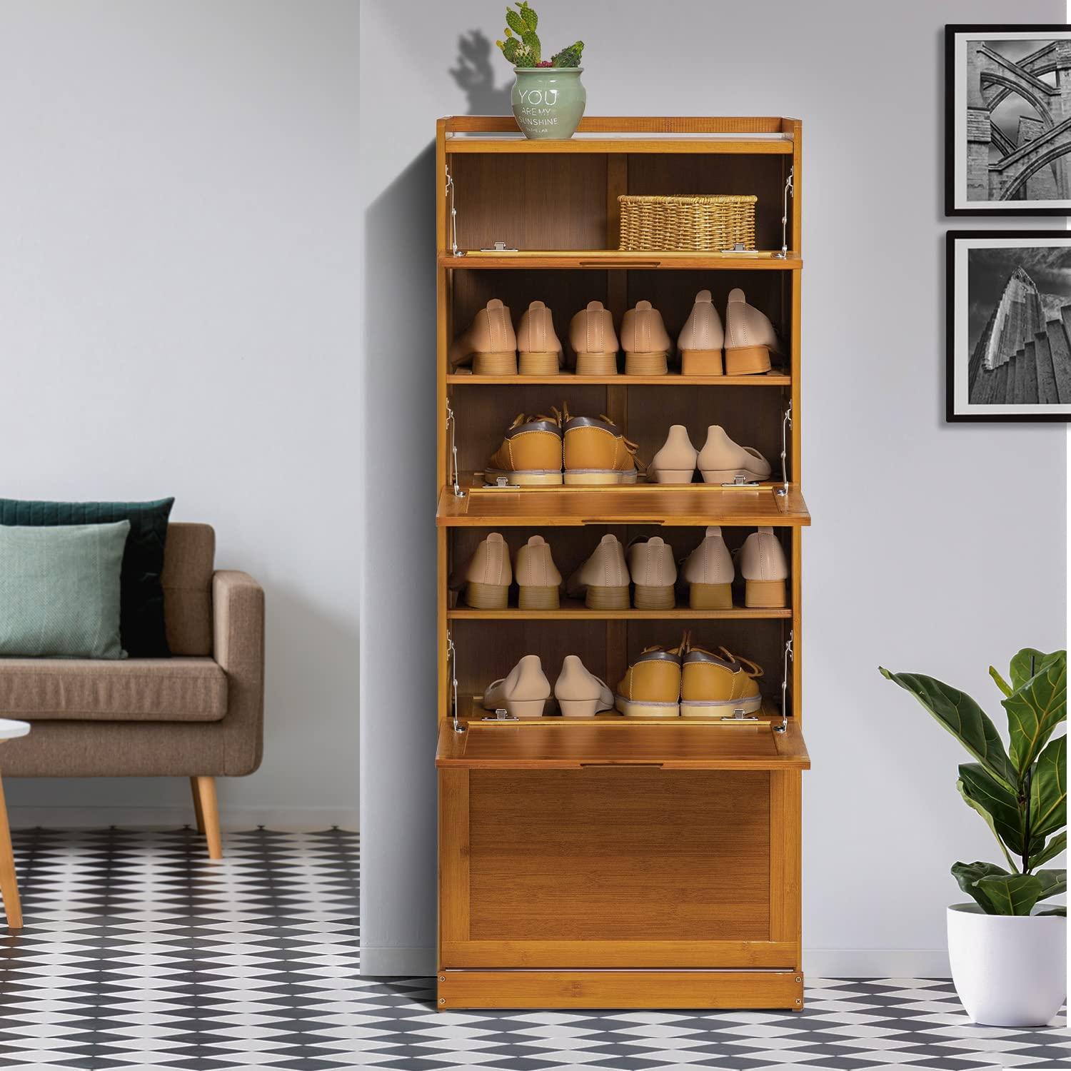 MoNiBloom Modern Bamboo 7 Tier 21 Pairs Shoes Sneaker Organizer Rack, Brown, for Hallway Entryway