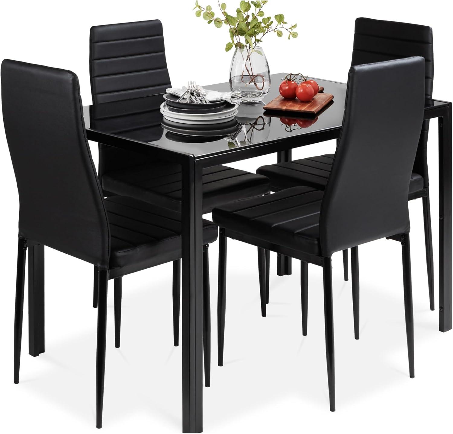 Black Glass Top Dining Table Set with Faux Leather Chairs