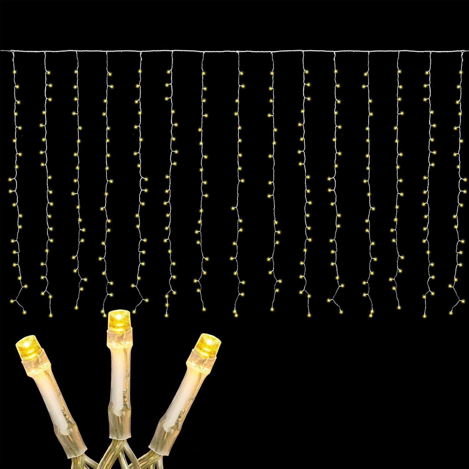 Novelty Lights LED Curtain Lights 300 LED Warm White 8 Function Non-Connectable Clear Wire
