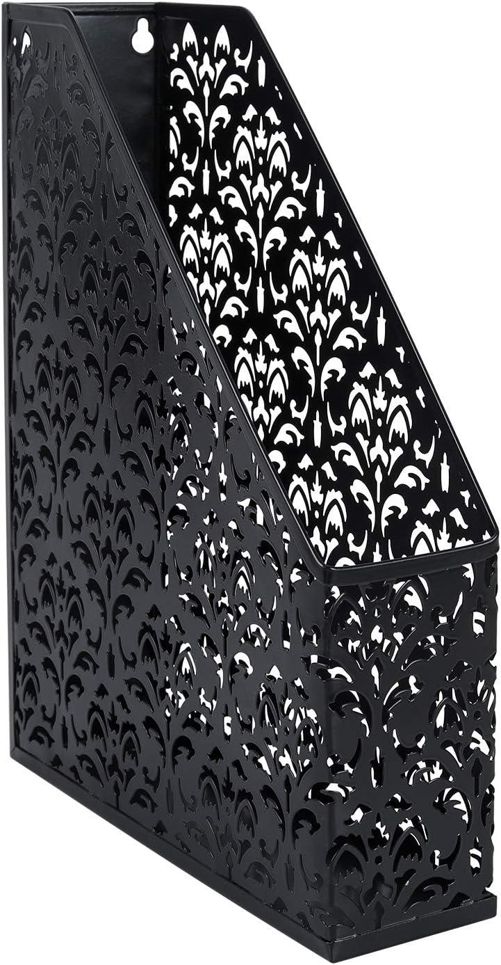 EasyAPG Heavy Duty Metal Magazine File Holder - Carved Hollow Flower Pattern Design, No Assembly Desk Organizer for Legal Size Files, Home Office Storage Rack, Black