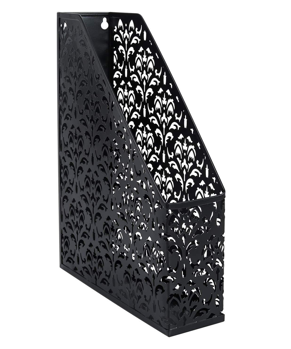 EasyAPG Heavy Duty Metal Magazine File Holder - Carved Hollow Flower Pattern Design, No Assembly Desk Organizer for Legal Size Files, Home Office Storage Rack, Black