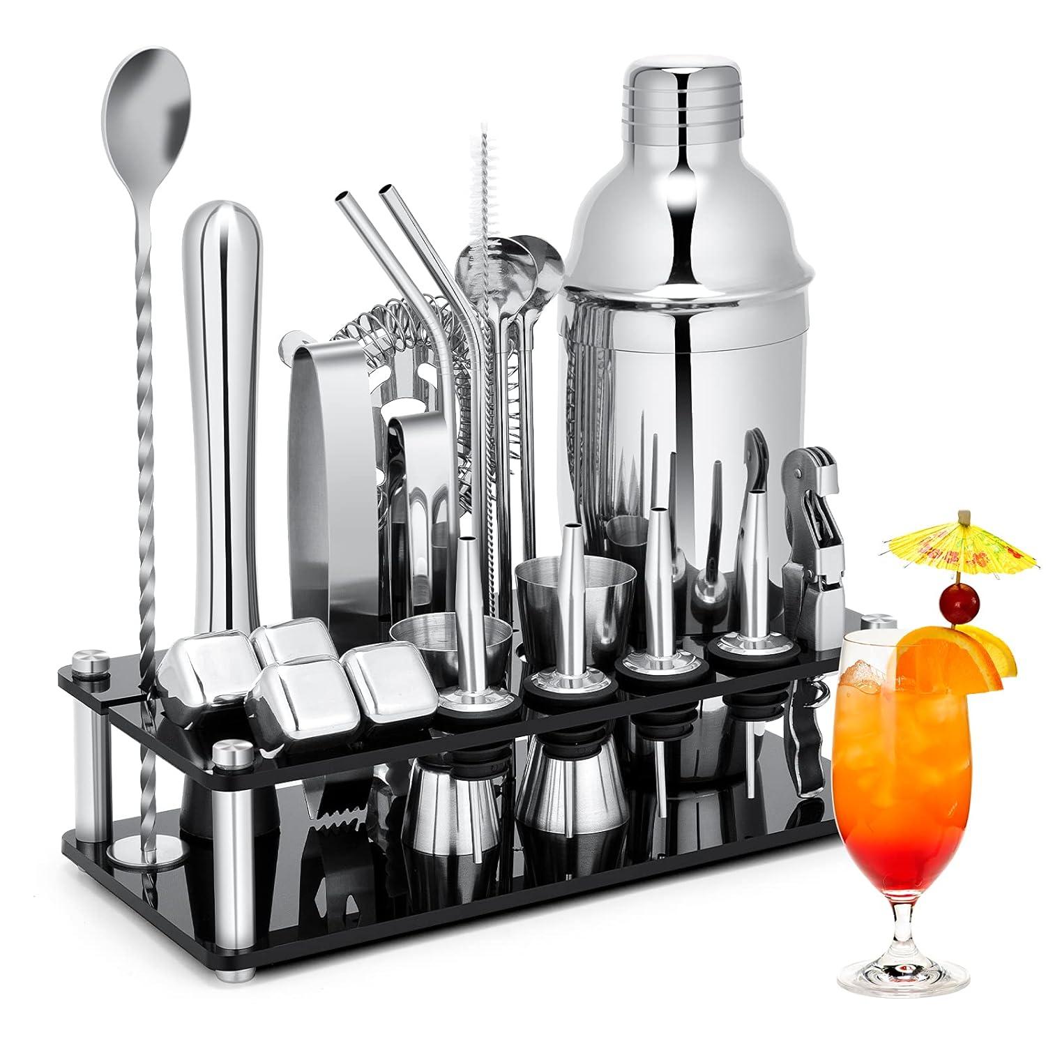 JMDLWZ Cocktail Shaker Set, 23 Pieces 750ml Professional Stainless Steel Cocktail Shaker with Boston Shaker, Strainer, Measuring Cup, Mixing Spoon, Recipes, Great Gift Kit