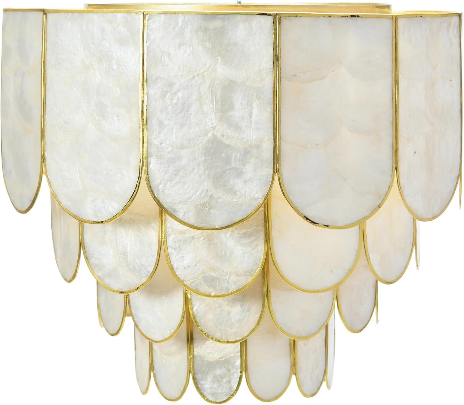 Storied Home 14" Round 4-Tier Capiz and Metal Flush Mount Ceiling Light Gold: Artisan Crafted, ETL Listed, Iron Body