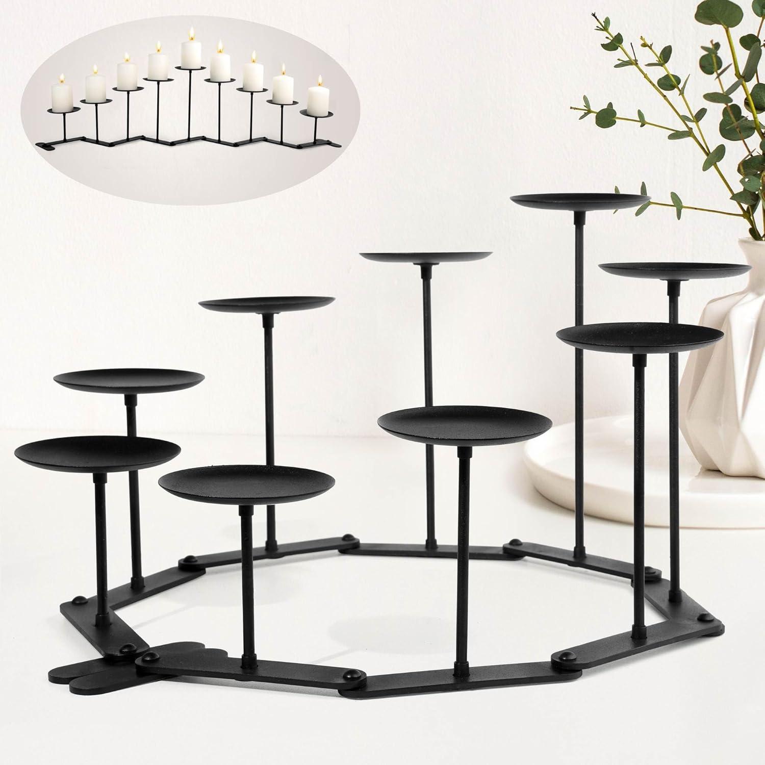 Candelabra 9 Candle Holder for Fireplace Decor Black Iron Pillar Candle Stand Table Centerpiece
