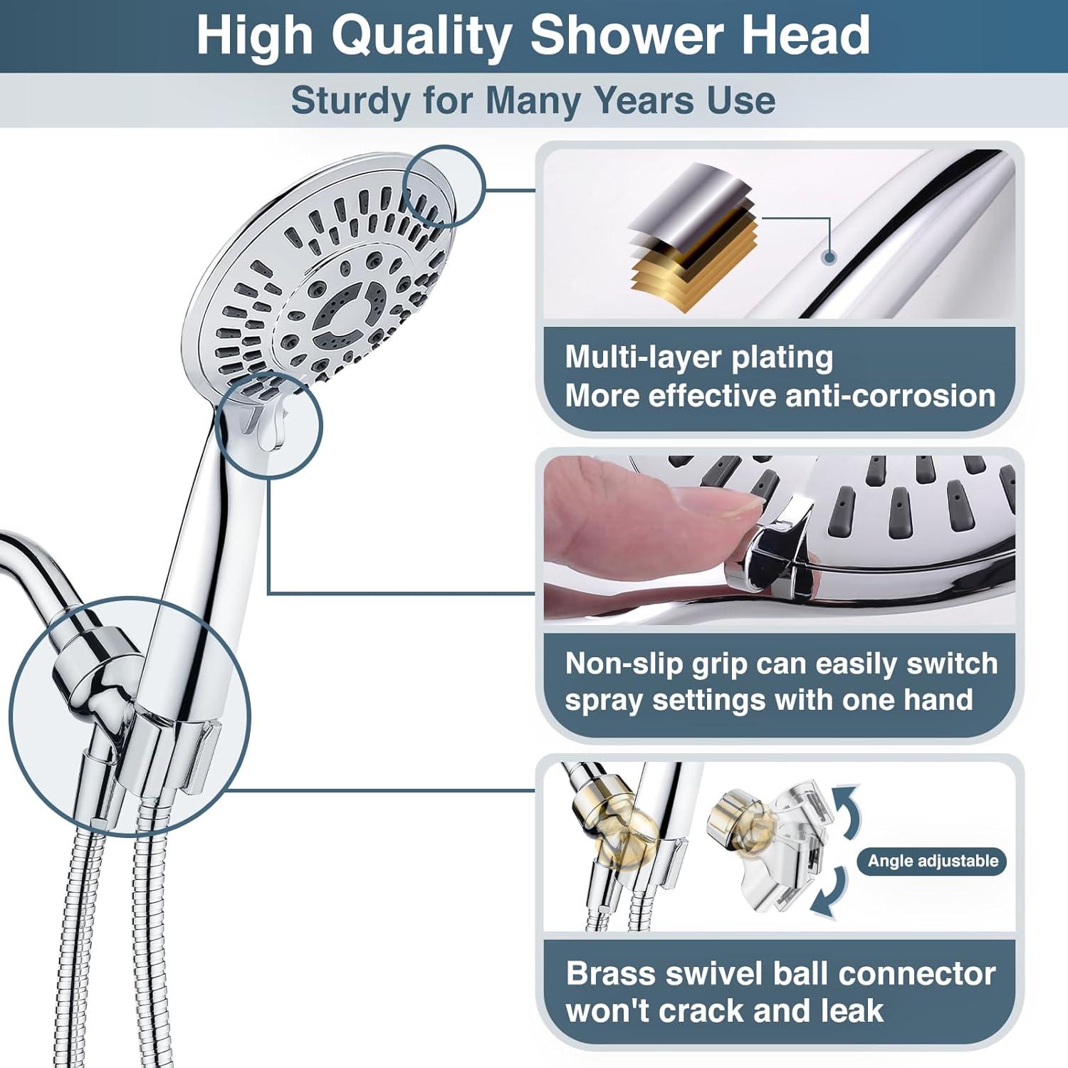 BRIGHT SHOWERS 9 Spray Settings Handheld Shower Head Set High Pressure Chrome Hand Held Showerhead with 60 Inch Flexible Shower Hose and Adjustable Shower Arm Mount Bracket