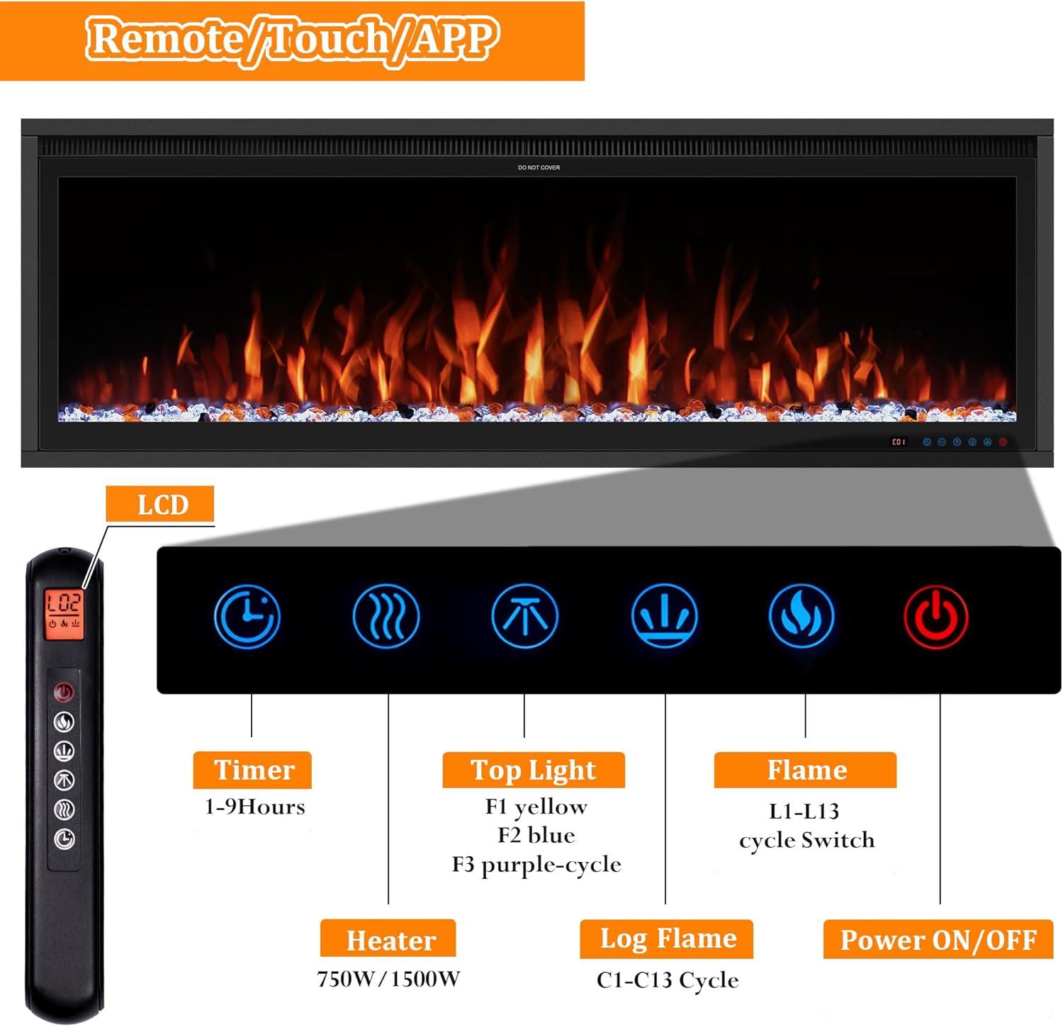 Benrocks 42'' WiFi-Enabled Electric Fireplace Insert - Alexa & App Control, 13 * 13 * 3 Color Combinations, Smart Fireplace Heater, Timer, Logs & Crystals Included, 750/1500W