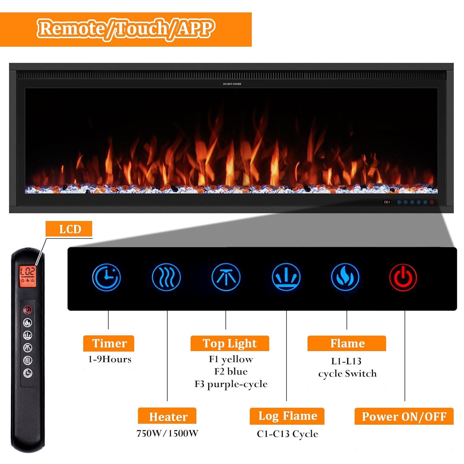 Benrocks 42'' WiFi-Enabled Electric Fireplace Insert - Alexa & App Control, 13 * 13 * 3 Color Combinations, Smart Fireplace Heater, Timer, Logs & Crystals Included, 750/1500W