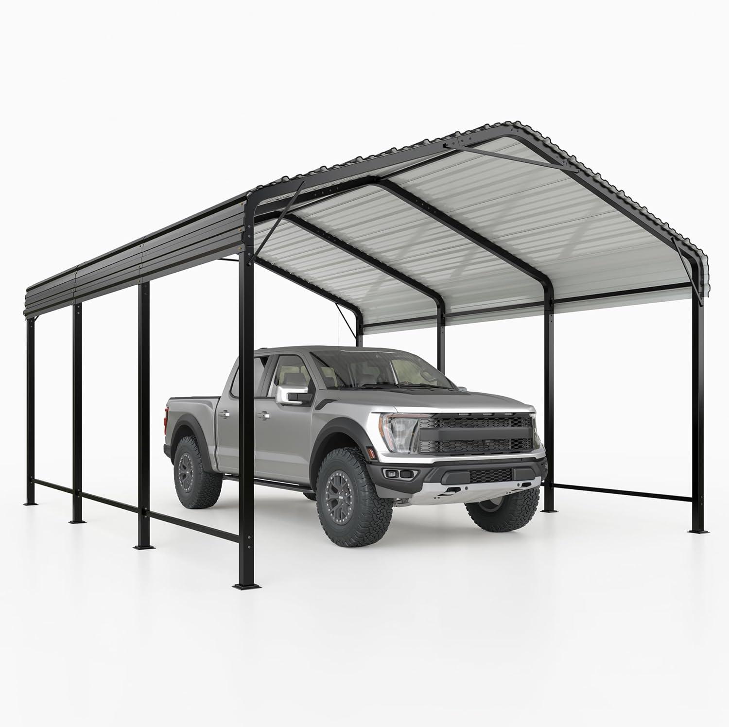 Black 10x15 FT Metal Carport with Peak Roof