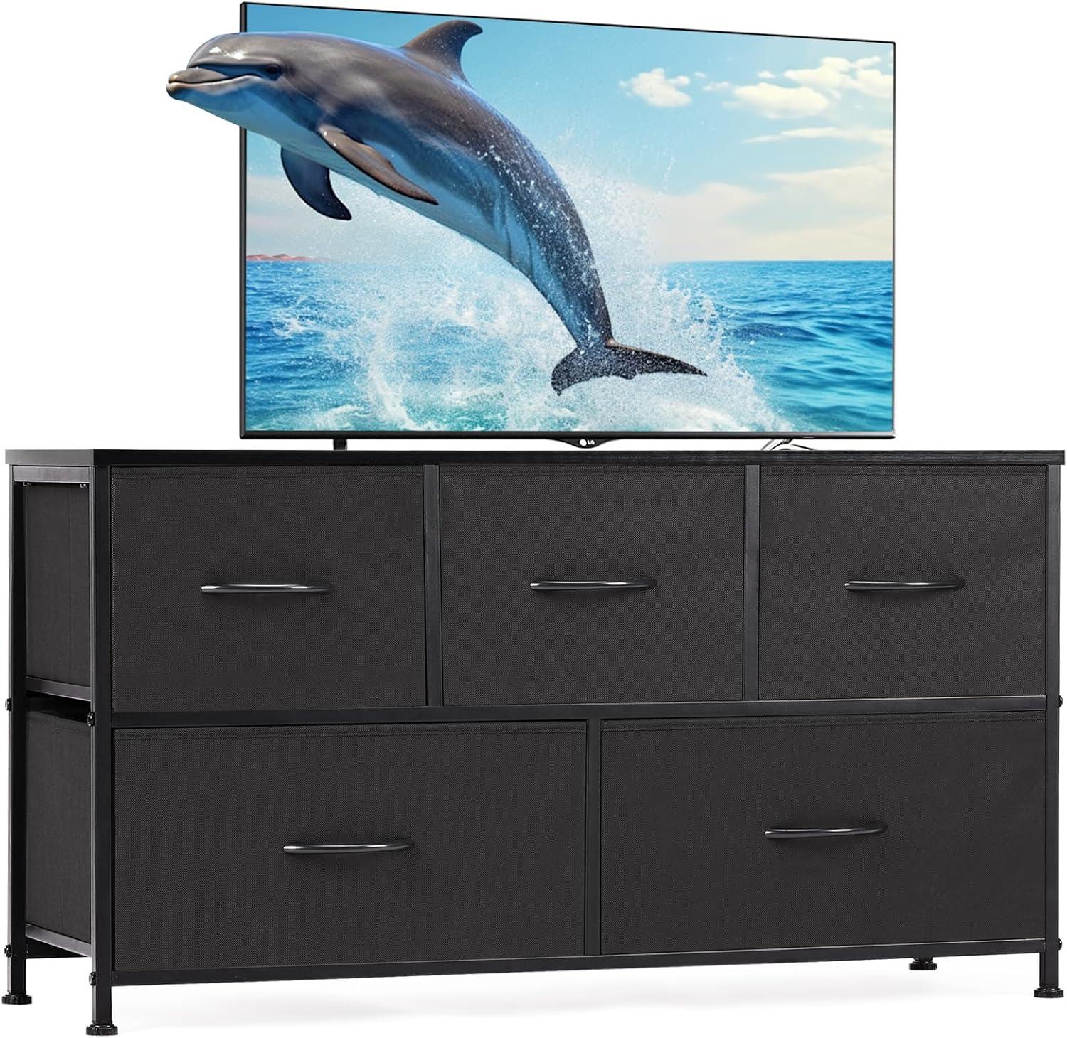 Sweetcrispy Dresser for Bedroom, Wide Chest of Drawers, Fabric Dresser Organizer with 5 Drawers, TV Stand, Storage Organizer Unit with Fabric Bins for Closet, Living Room, Hallway