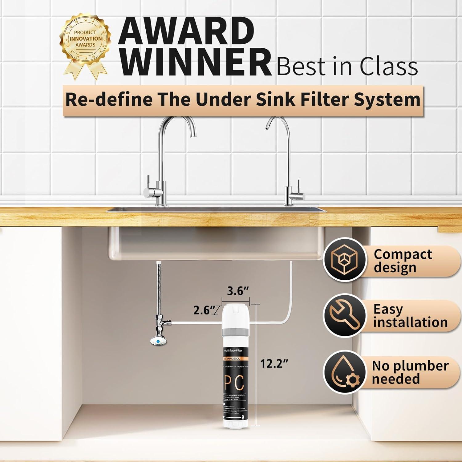 WINGSOL Under Sink Water Filter System with Faucet, Anti-Clogged Design, Reduces PFAS, Lead, Chlorine, Bad Taste, Sediment, NSF/ANSI 42&53, 8K Gallons, Easy Installation, Chrome Faucet