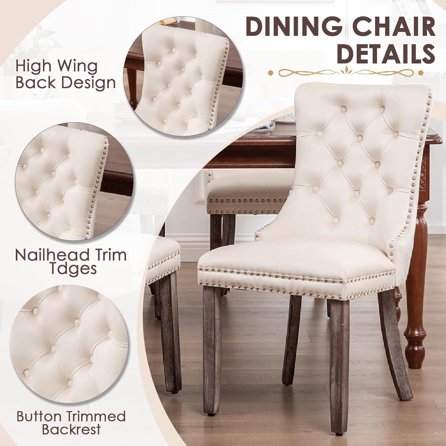 BELLEZE Upholstered Dining Chairs Set of 2, Velvet Luxury Dining Room Chairs with Button Back, Nailhead Trim, Pull-ring, Solid Wood Legs for Kitchen, Living Room, Restaurant - Chandler (Beige)
