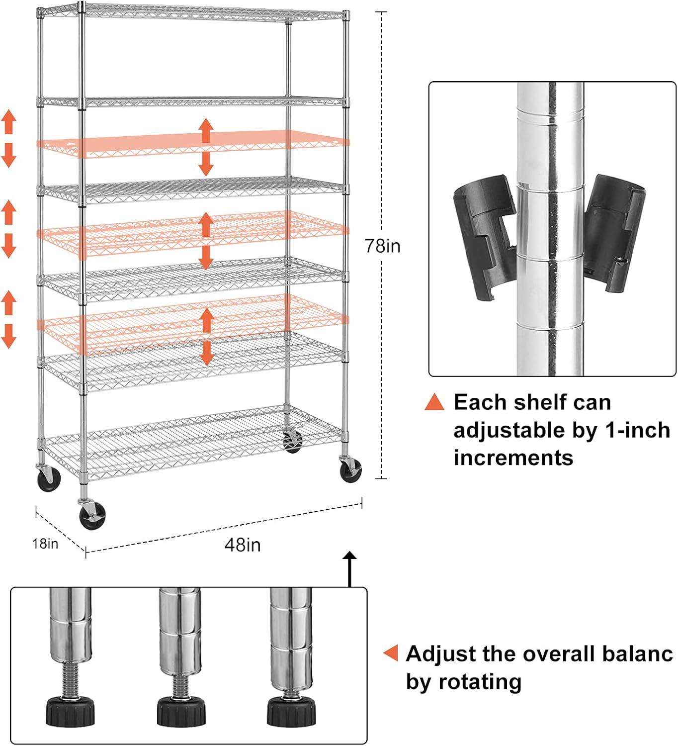 Chrome Heavy Duty Adjustable 6-Tier Metal Storage Rack with Wheels