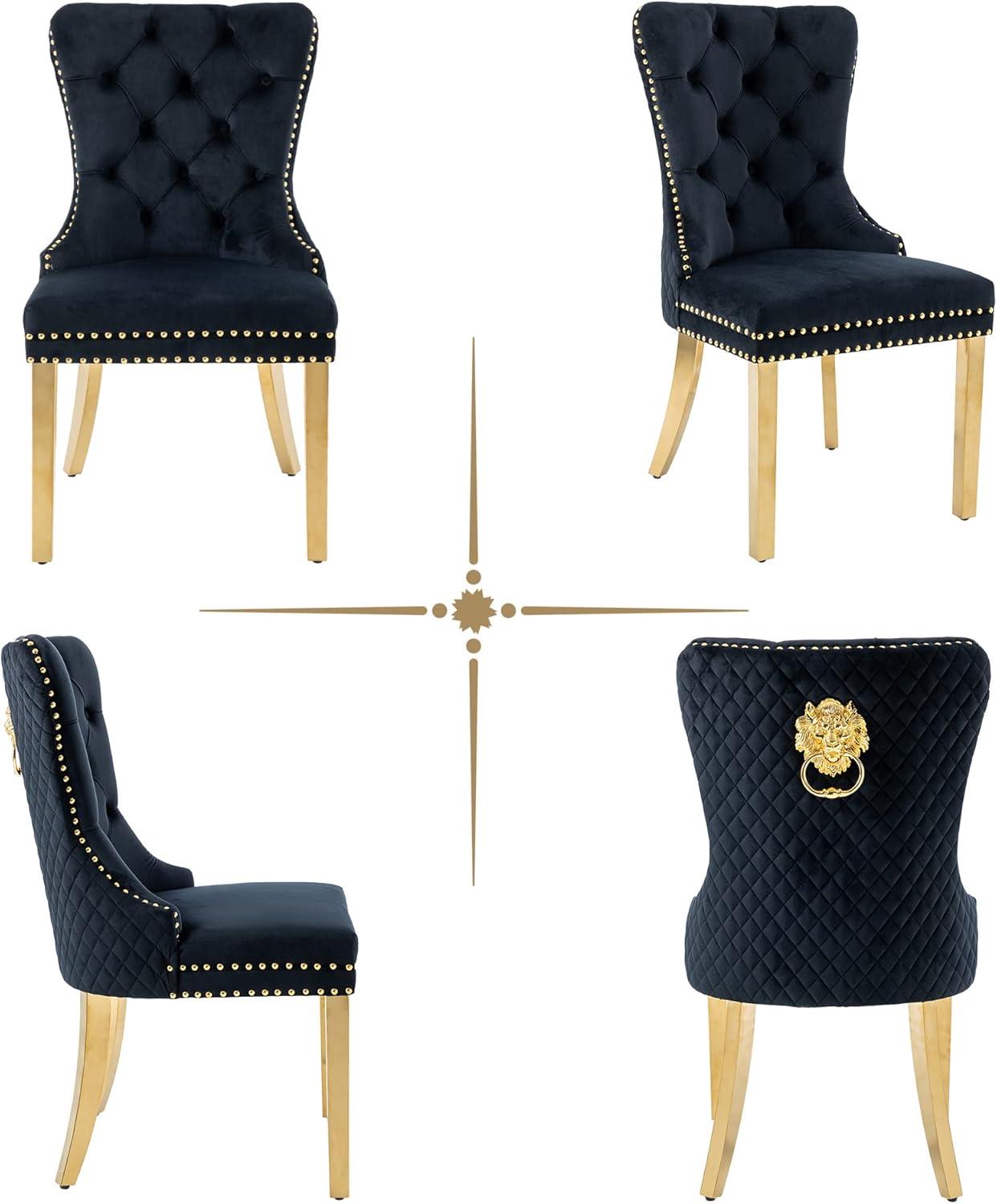 ODUSE-DAILY Black Velvet Dining Chairs Set of 6, Kitchen & Dining Room Chairs, Nailheads Tufted, Sillas De Comedor, Fabric Upholstered, Golden Metal Legs (Black, 6 Pcs)