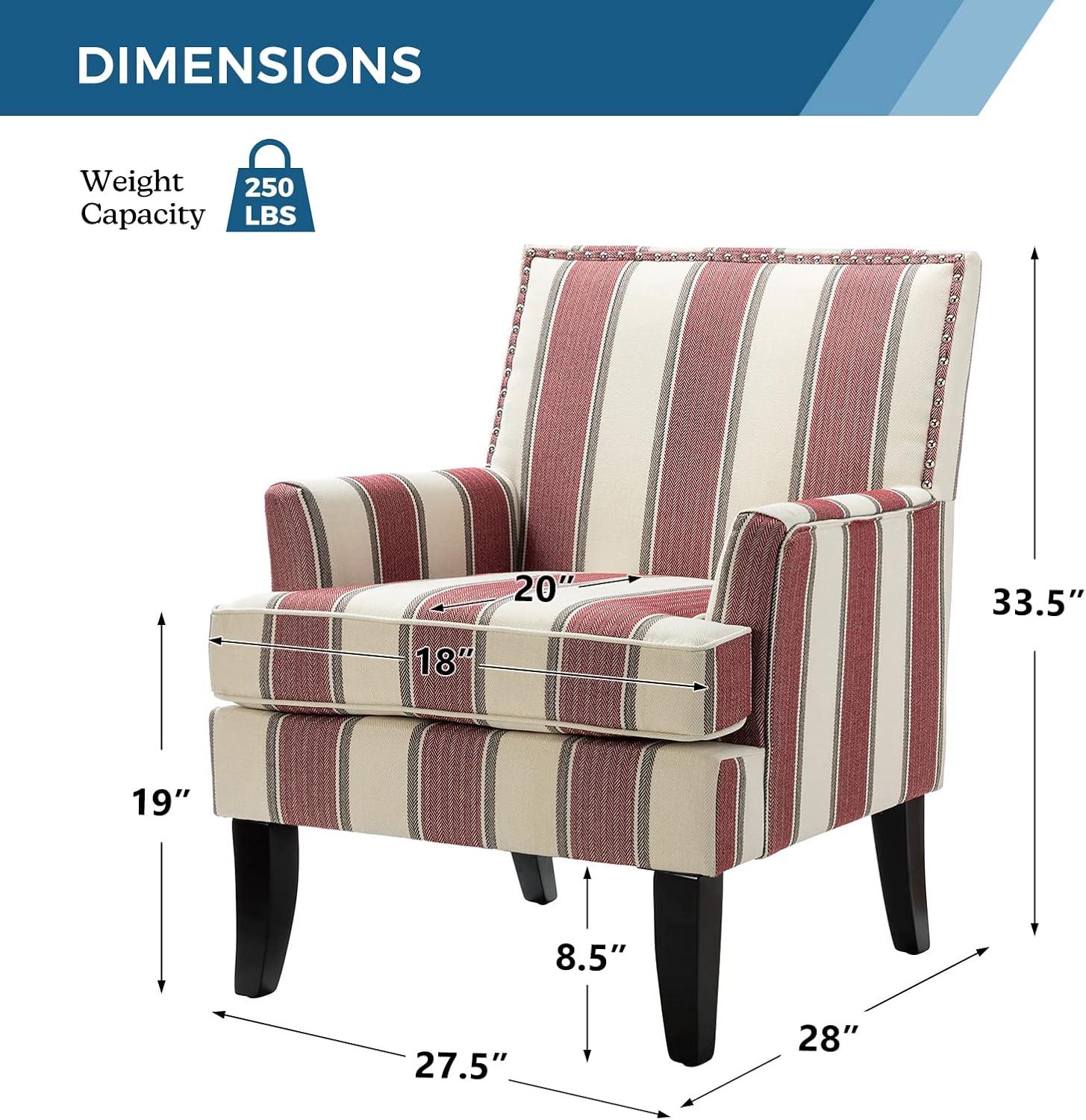 Red and White Striped Wooden Leg Accent Chair