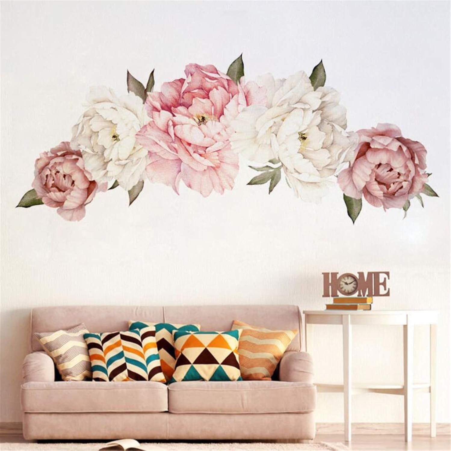 Peony Flowers Wall Sticker Waterproof PVC Peony Rose Flowers Wall Decals Removable Floral Wall Decor Sticker for Living Room Bedroom Nursery Room