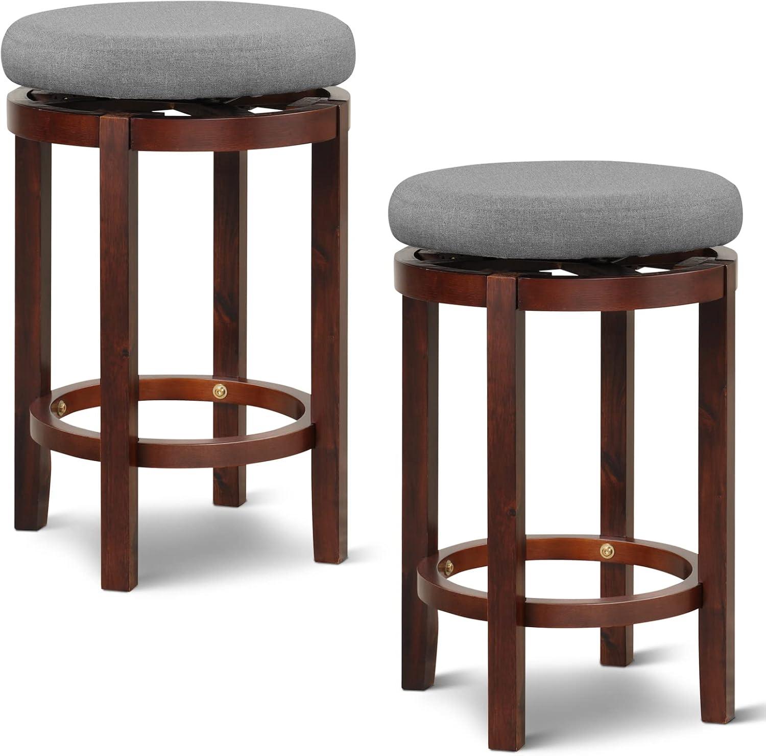 Costway Set of 2 Upholstered Swivel Round Bar Stools 26'' Wooden Pub Kitchen Chairs Gray