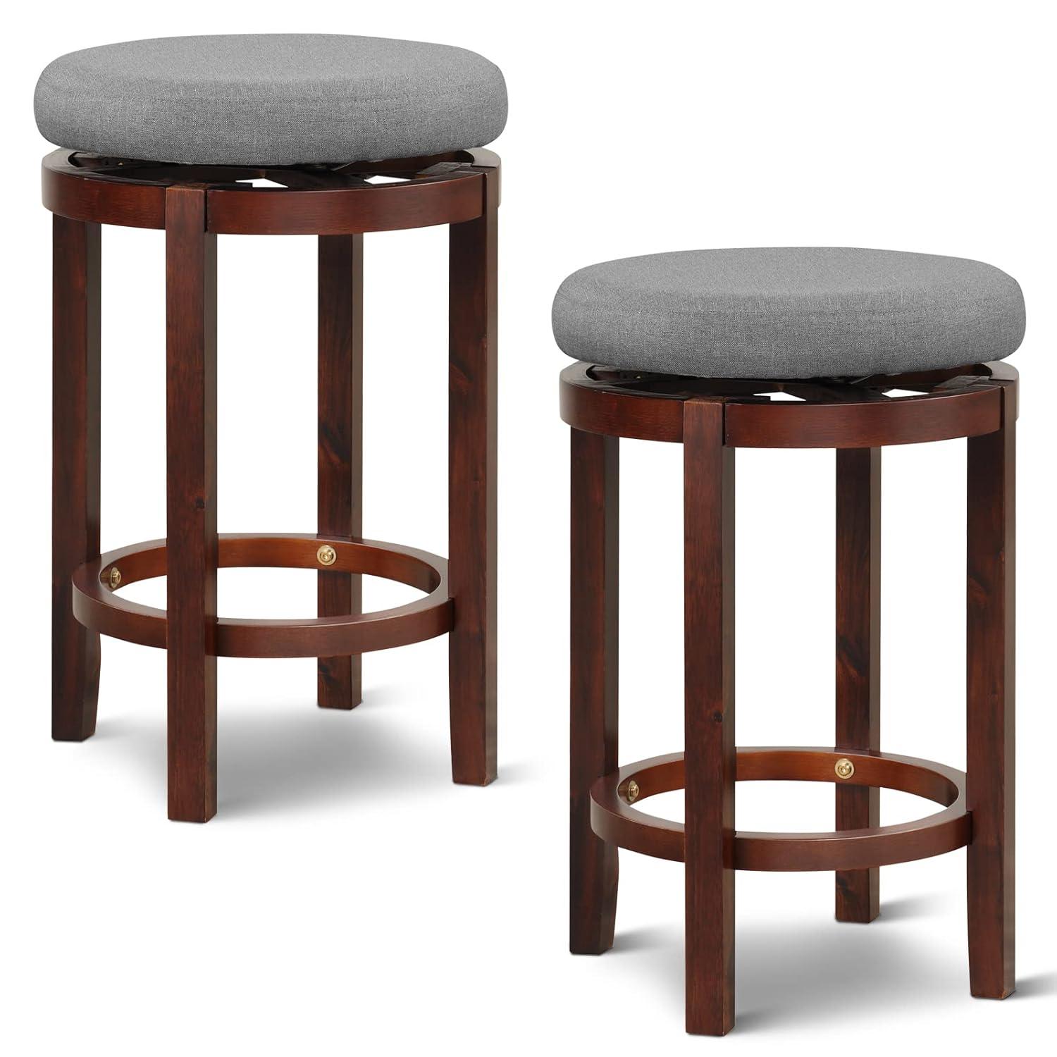 Costway Set of 2 Upholstered Swivel Round Bar Stools 26'' Wooden Pub Kitchen Chairs Gray