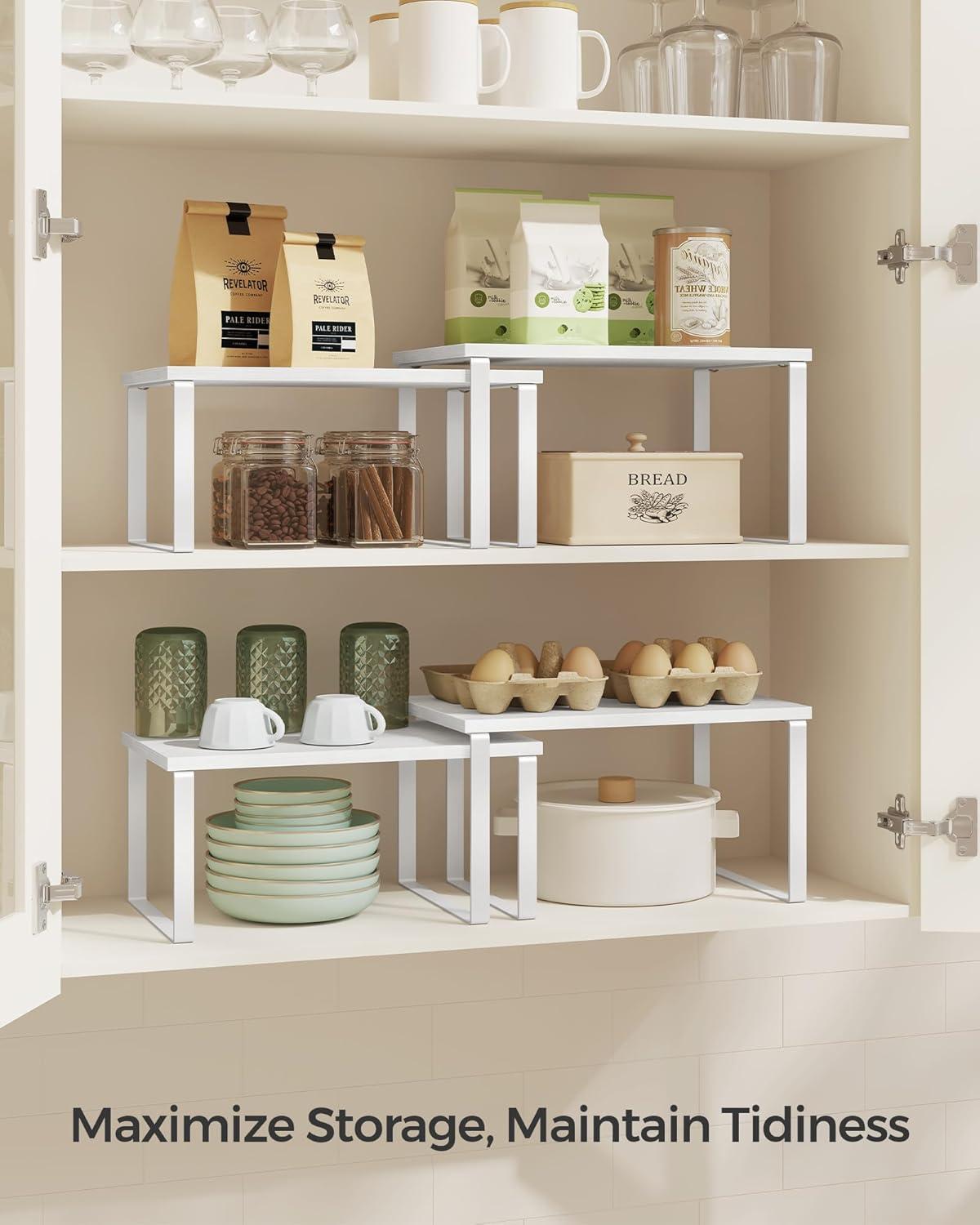 Cabinet Organizer Shelf, Set of 2 Kitchen Counter Shelves, Kitchen Storage, Spice Rack, Stackable, Expandable, Metal and Engineered Wood, Cloud White and Snow White UKCS02W01