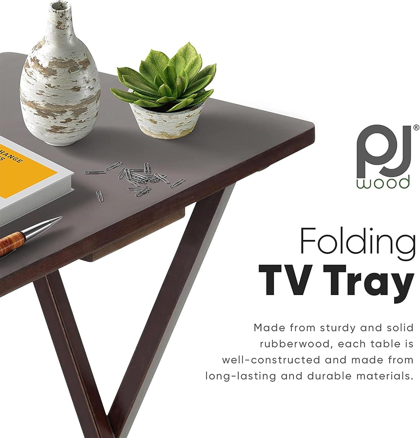 PJ Wood Solid and Sturdy Wood Construction Portable Folding TV Snack Tray Table Desk Serving Stand, Espresso Brown (4-Piece Set)